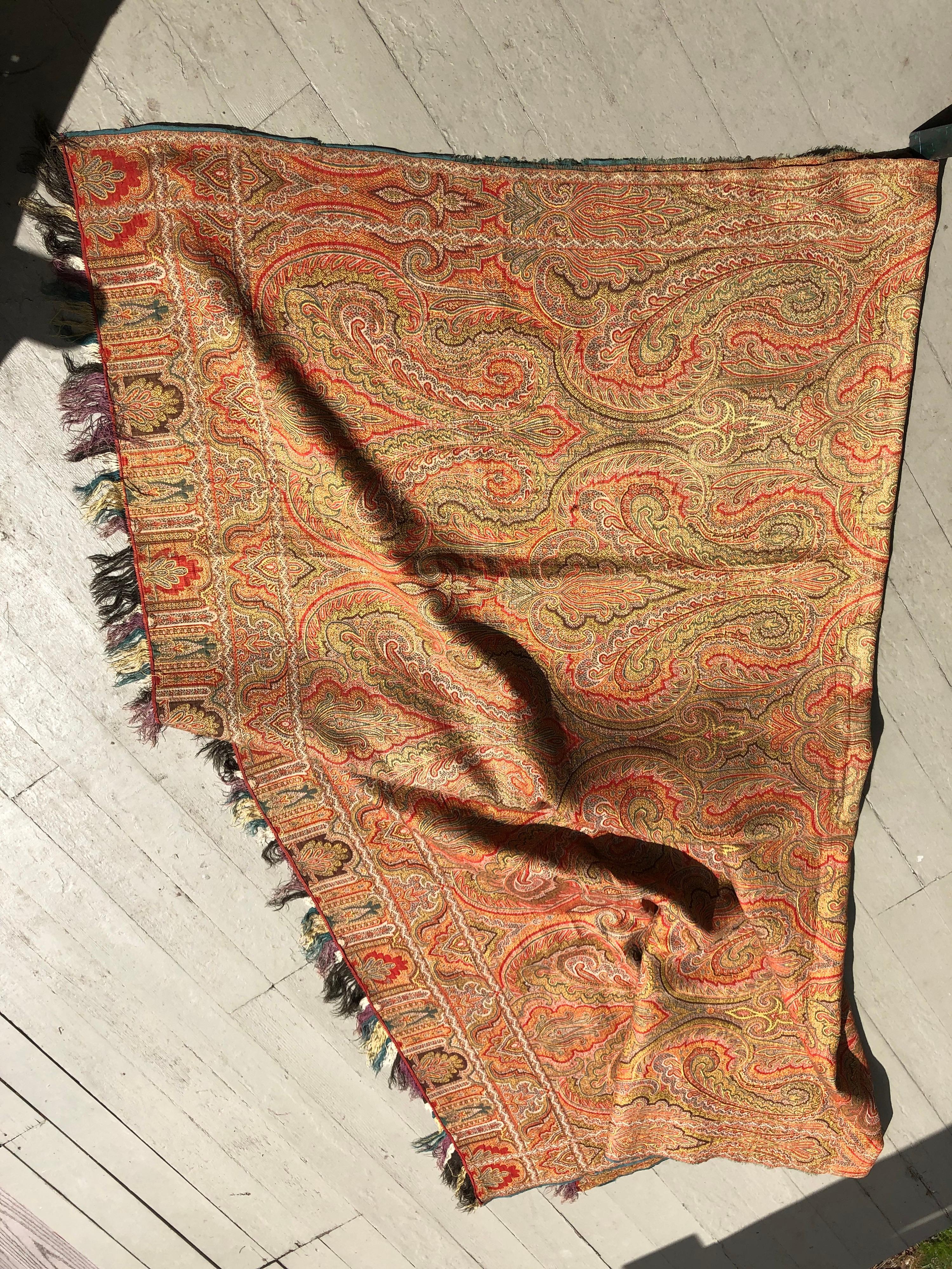 Woven Yellow Jacquard French 19th Century Wool and Silk Paisley Throw