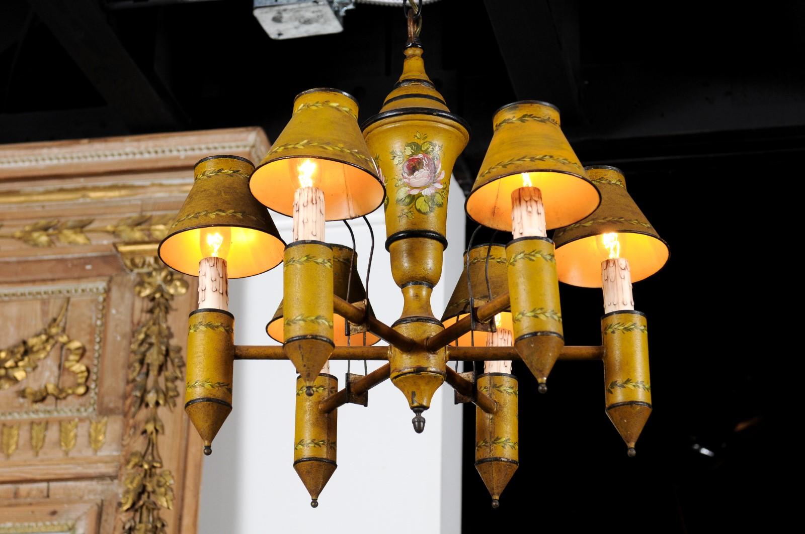 French 19th Century Yellow Tôle Six-Light Chandelier with Painted Floral Motifs 6