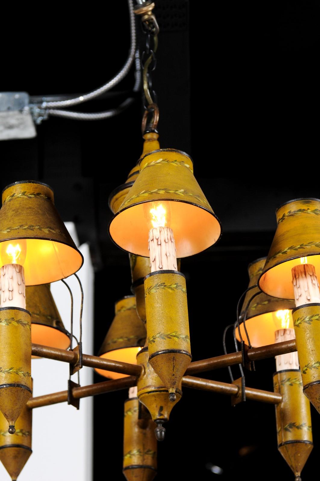 French 19th Century Yellow Tôle Six-Light Chandelier with Painted Floral Motifs In Good Condition In Atlanta, GA