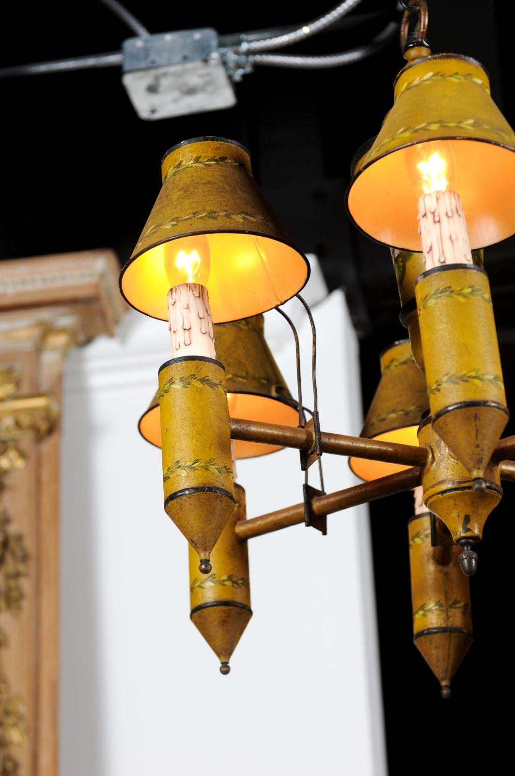 French 19th Century Yellow Tôle Six-Light Chandelier with Painted Floral Motifs 1
