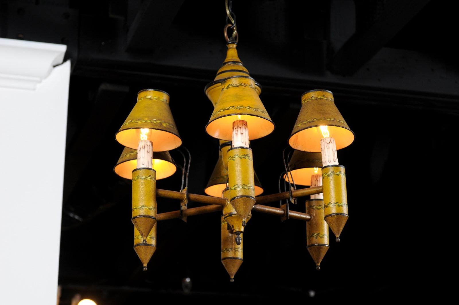 French 19th Century Yellow Tôle Six-Light Chandelier with Painted Floral Motifs 3