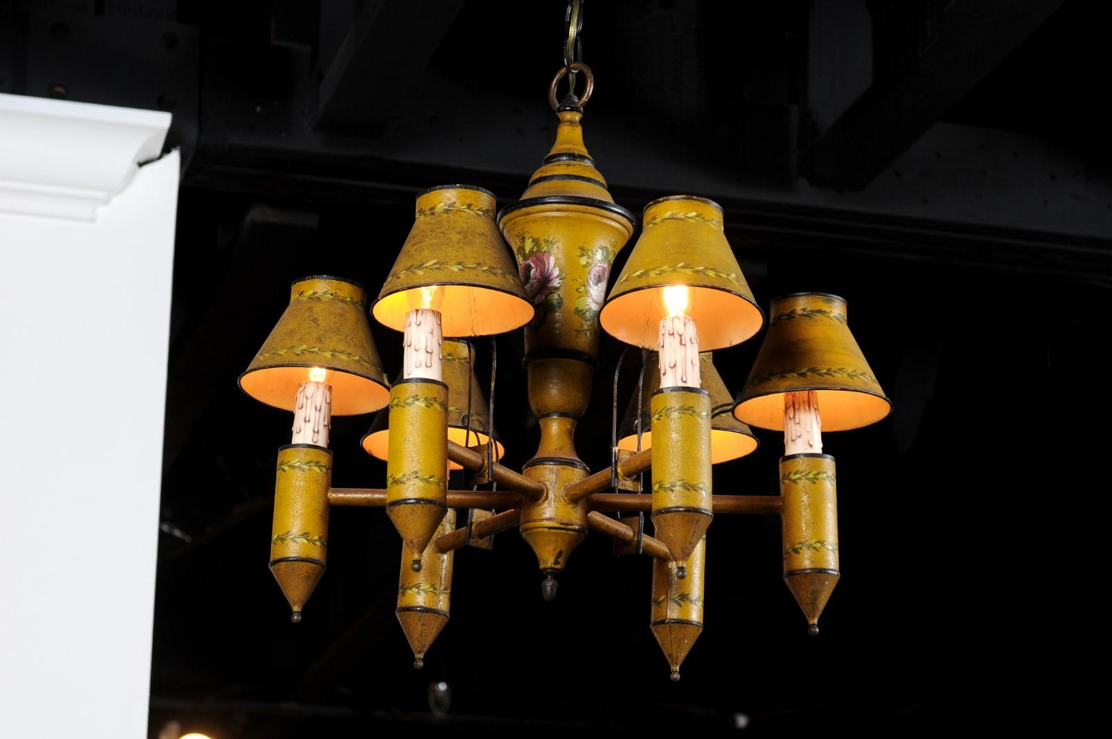 French 19th Century Yellow Tôle Six-Light Chandelier with Painted Floral Motifs 4