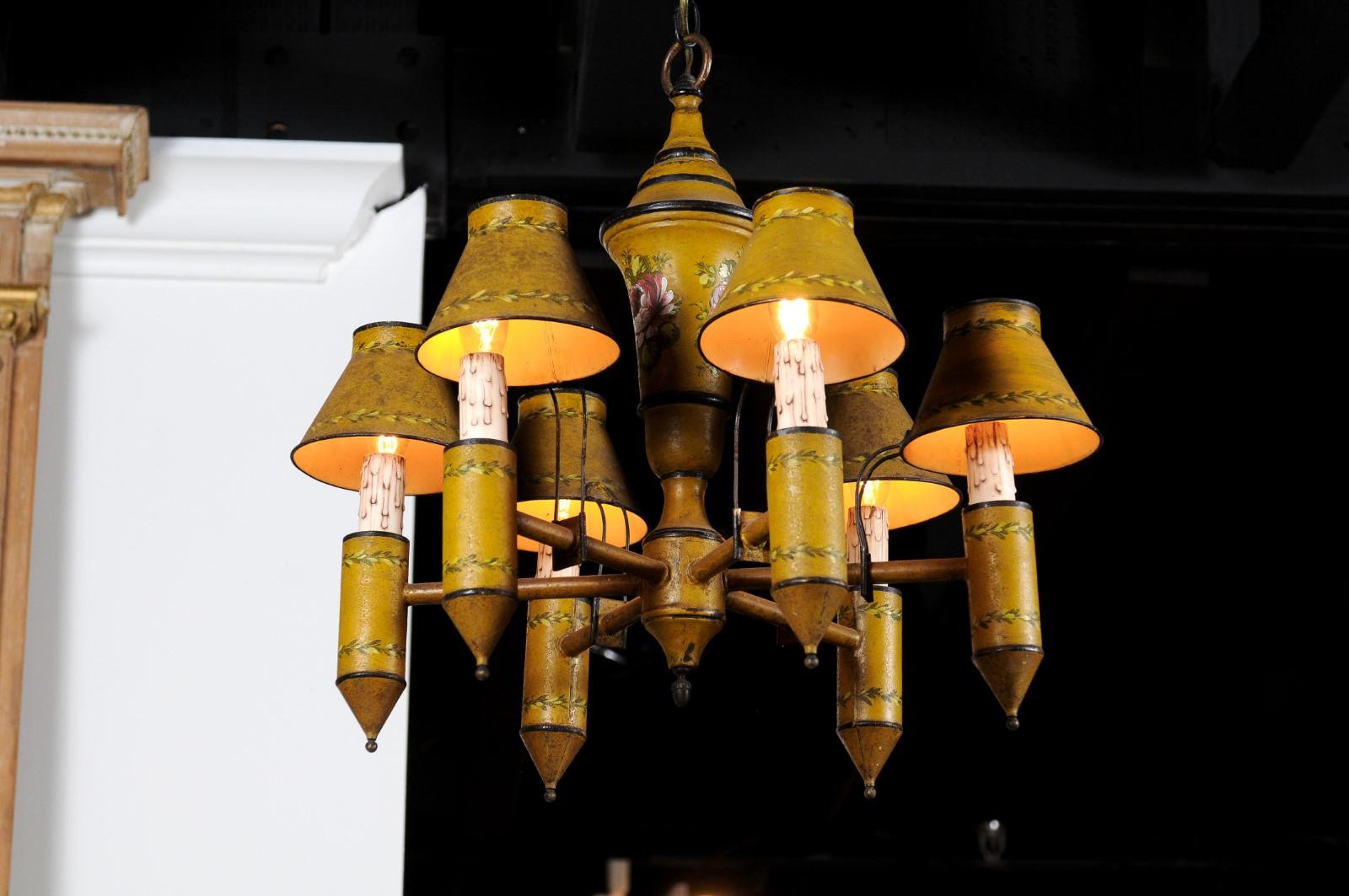 French 19th Century Yellow Tôle Six-Light Chandelier with Painted Floral Motifs 5