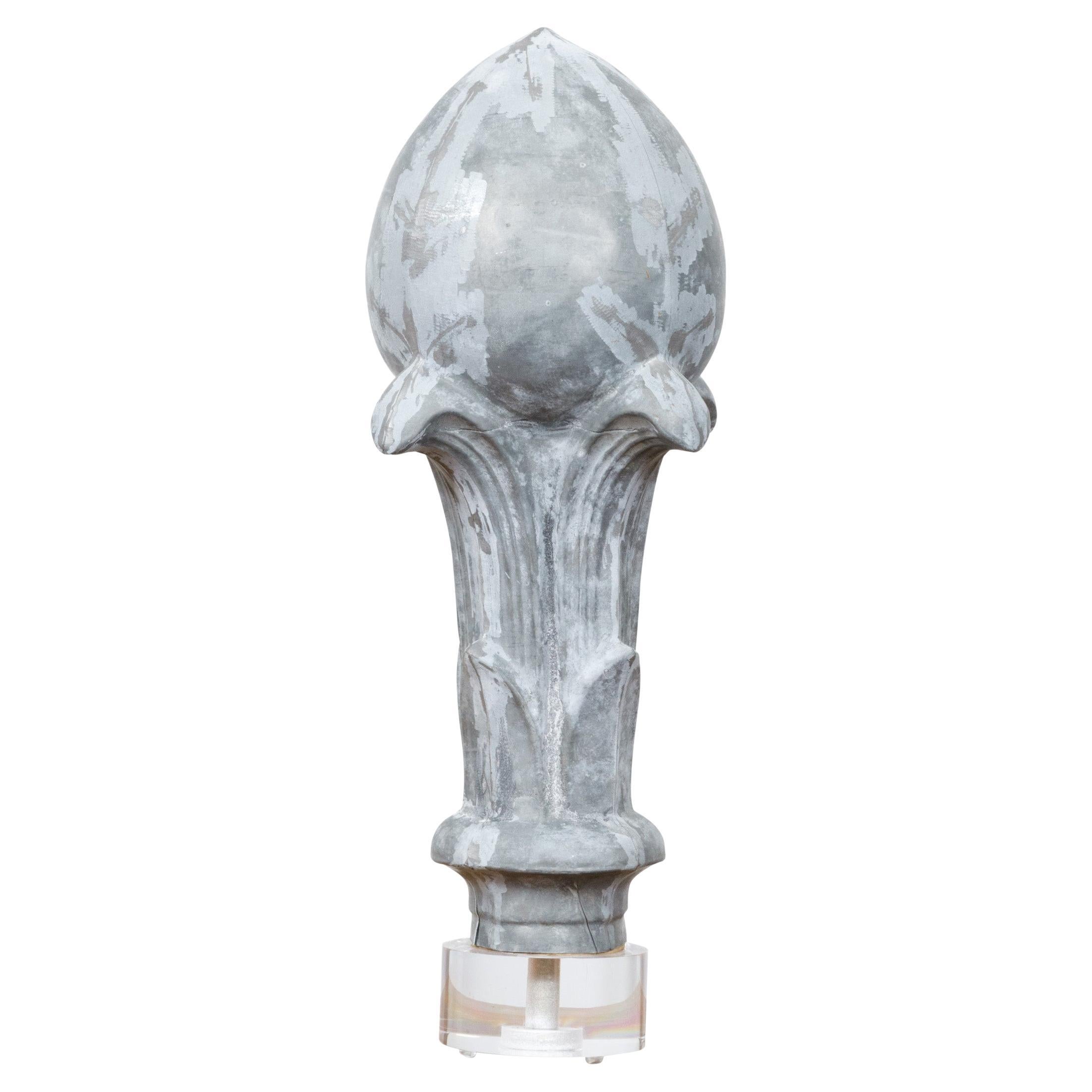 French 19th Century Zinc Crowned Acorn Decorative Finial on Custom Lucite Base