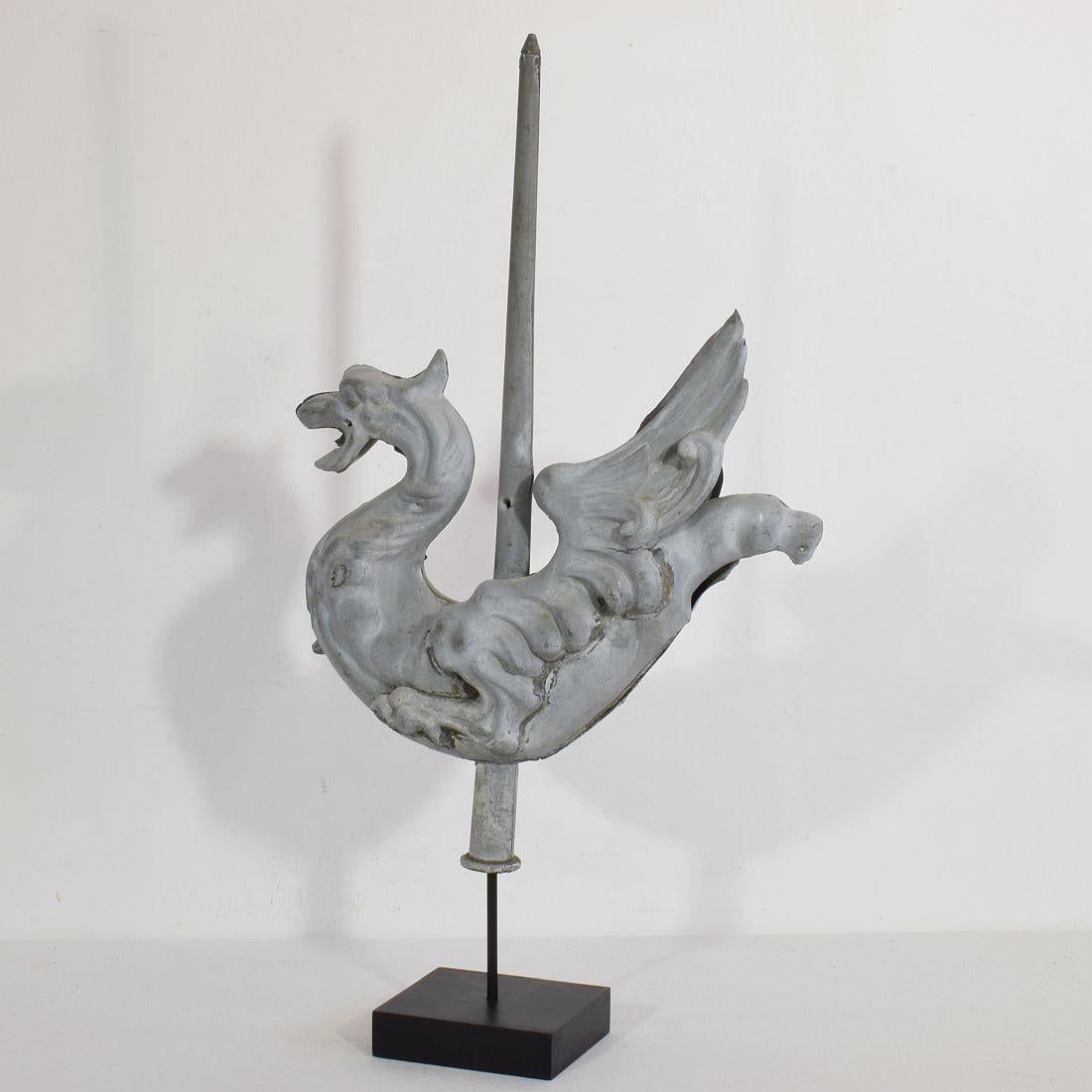Beautiful zinc weathervane, France, circa 1880. Weathered, losses and old repairs. Measurement includes the base.