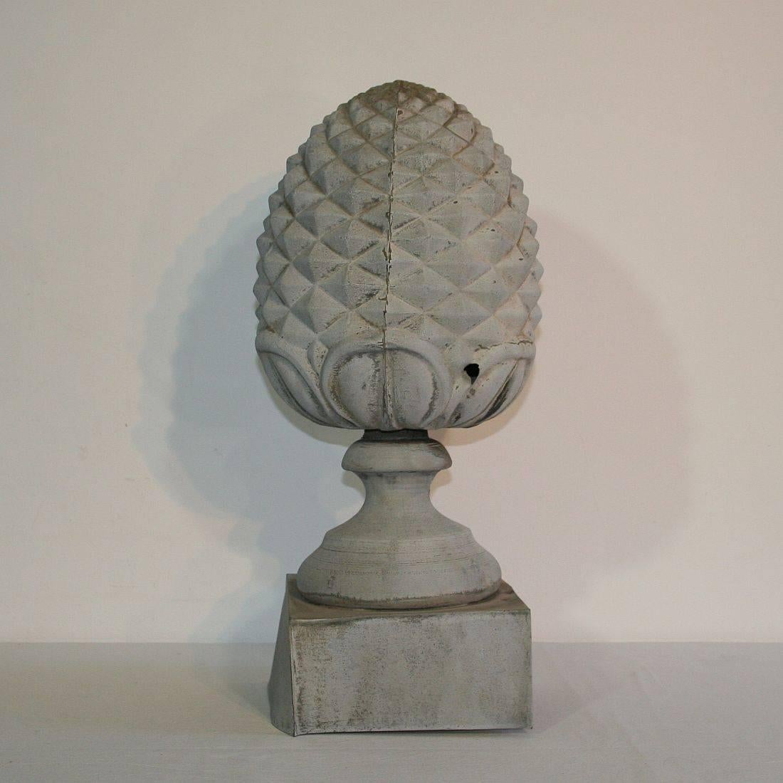 Very rare and beautiful zinc pine cone roof finial, France, circa 1850-1900. Weathered.