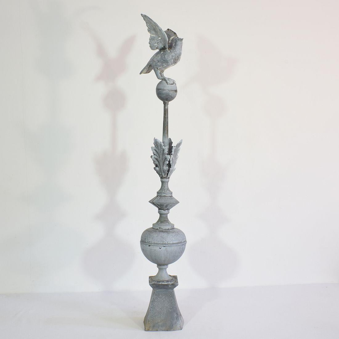 Beautiful and very rare zinc roof ornament with a dove,
France, circa 1850-1900. Weathered, losses and old repairs.
 