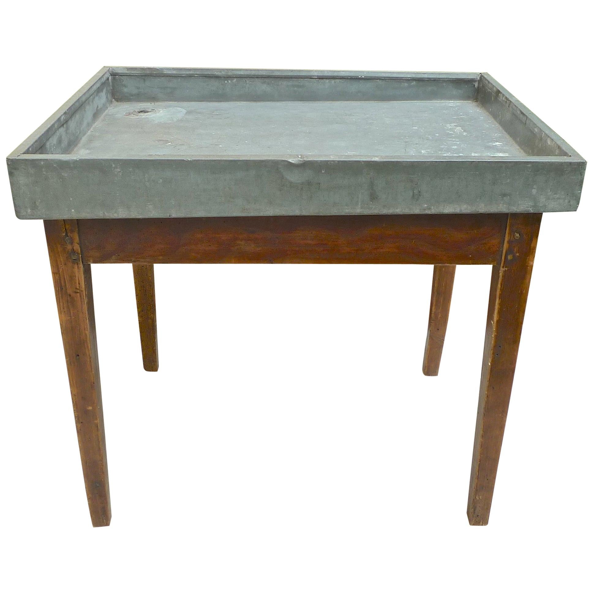 French 19th Century Zinc Top Flower Potting Table with One Corner Drainage Hole