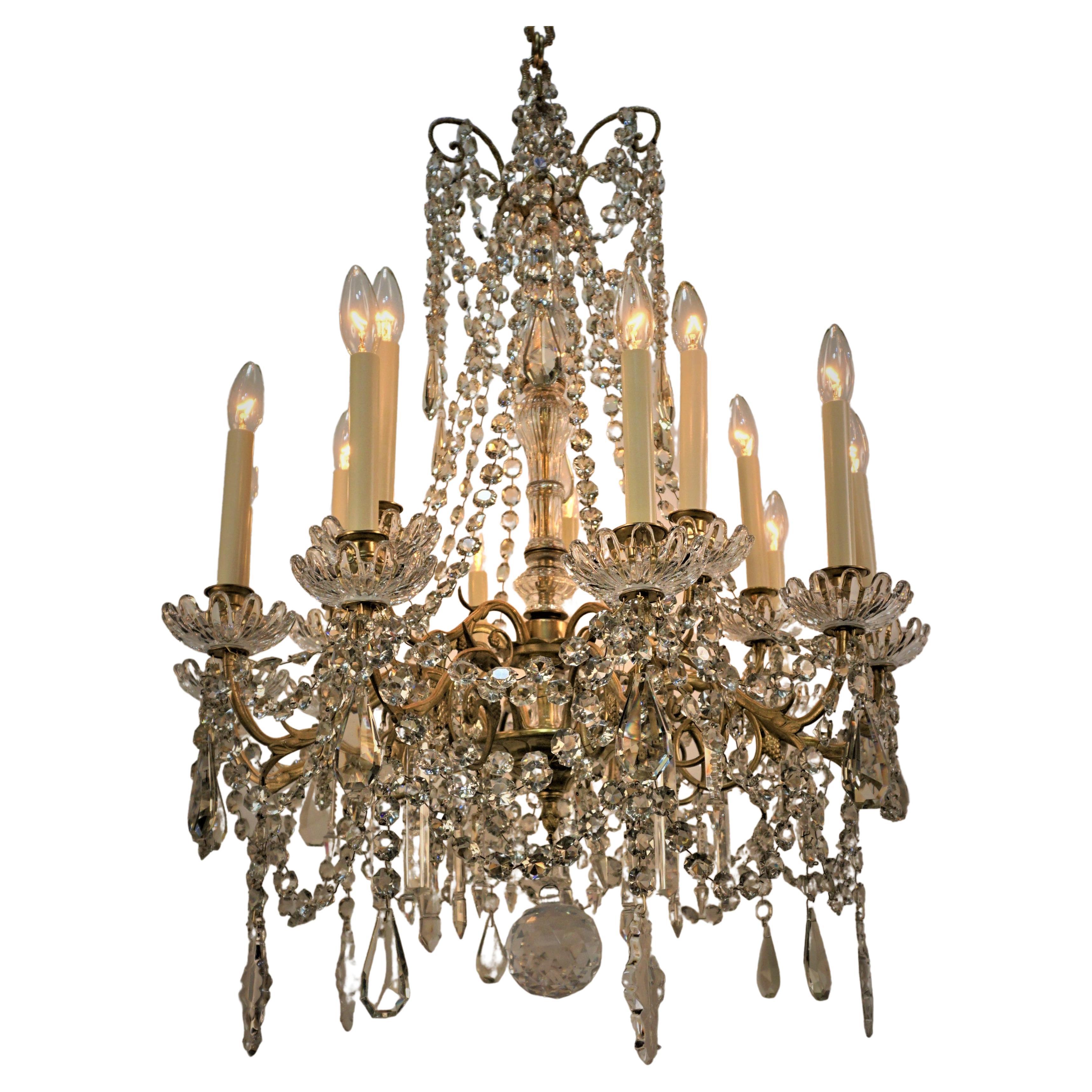 French 19th Fifteen light Signed Baccarat Crystal and Bronze Chandelier For Sale