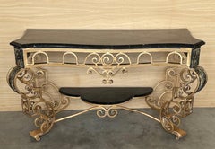 French 19th Louis XV Wrought Iron Gilded Console with Marble top and Low Shelve