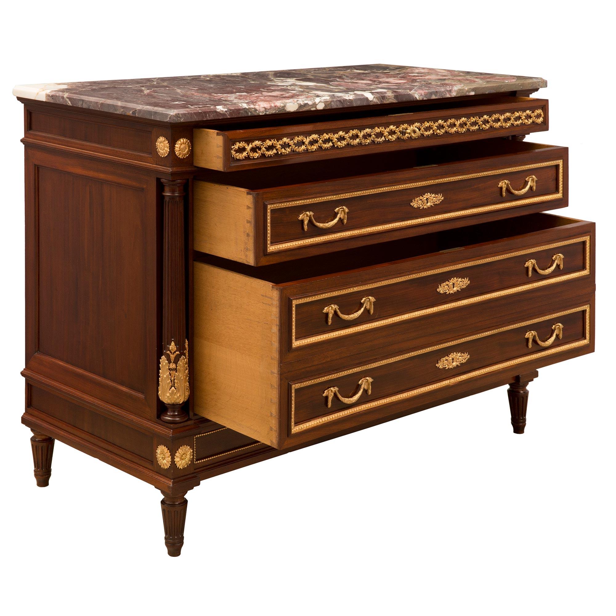 French 19th Louis XVI St. Mahogany, Ormolu and Brèche Violette Marble Commode In Good Condition For Sale In West Palm Beach, FL