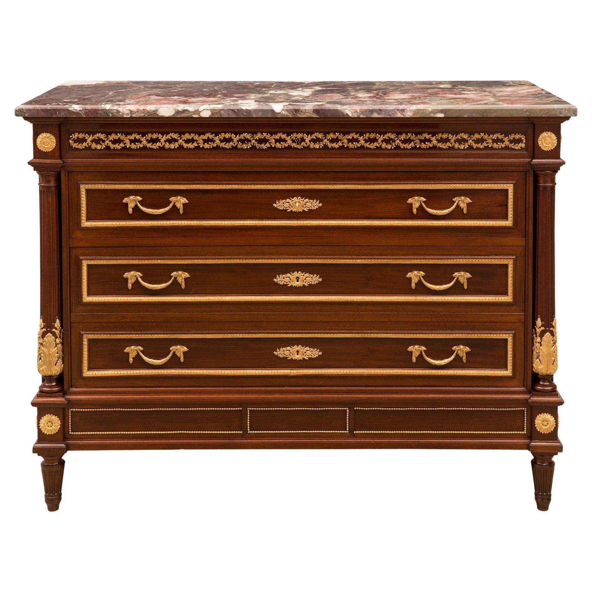 French 19th Louis XVI St. Mahogany, Ormolu and Brèche Violette Marble Commode For Sale