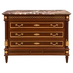 French 19th Louis XVI St. Mahogany, Ormolu and Brèche Violette Marble Commode