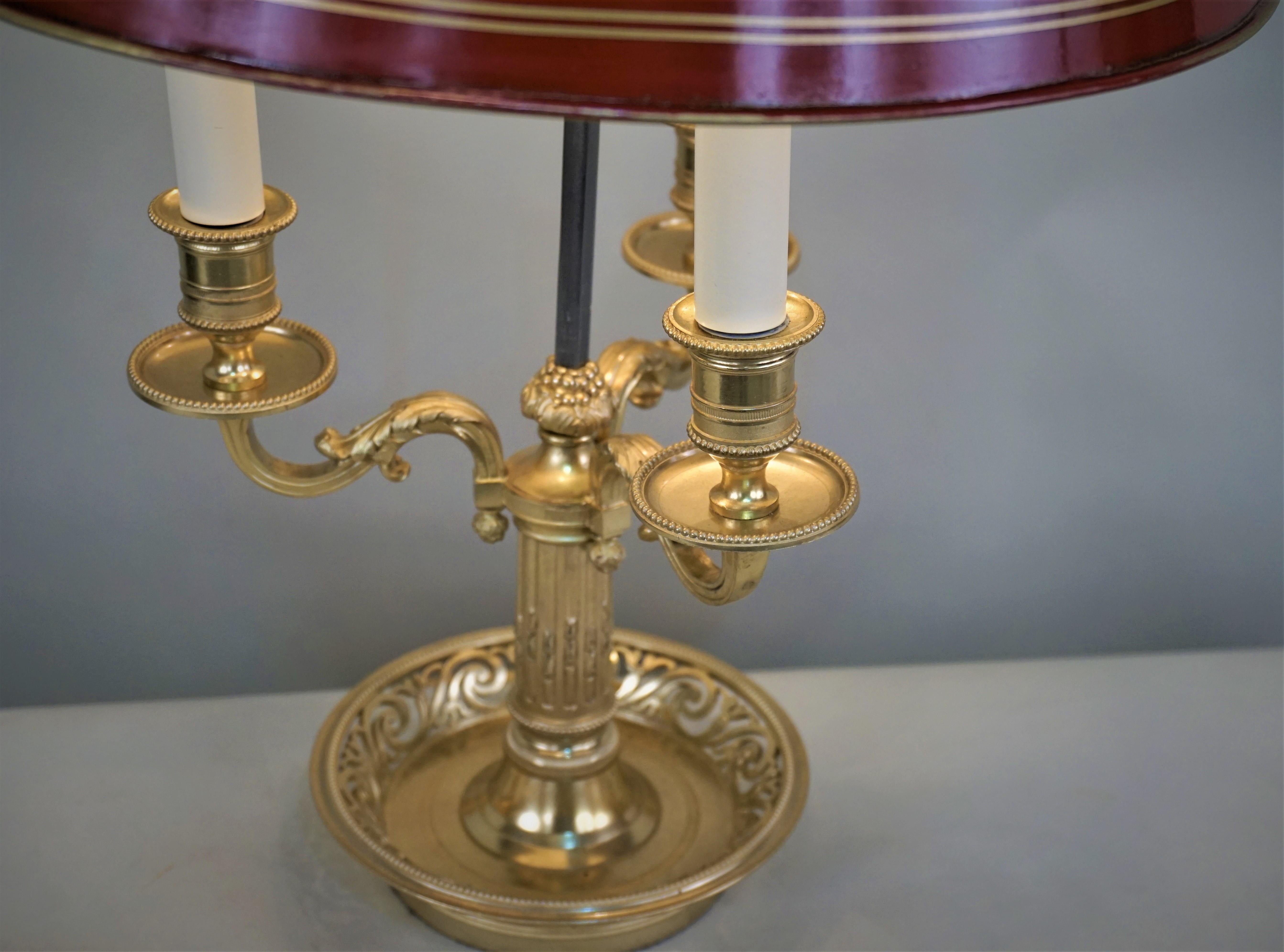 France late 19th-early 20th century high quality cast bronze empire style bouillotte three arm candelabra desk or table lamp.