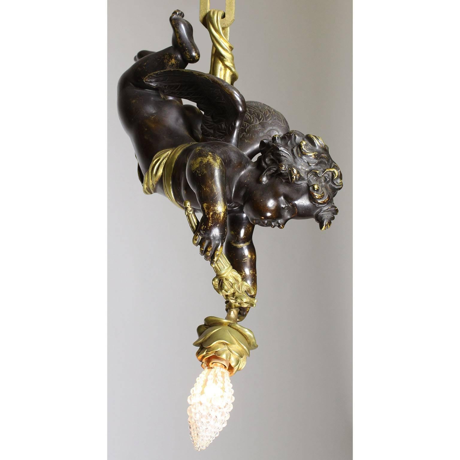 Beaded French 19th-20th Century Belle Époque Patinated & Gilt Bronze Cherub Chandelier