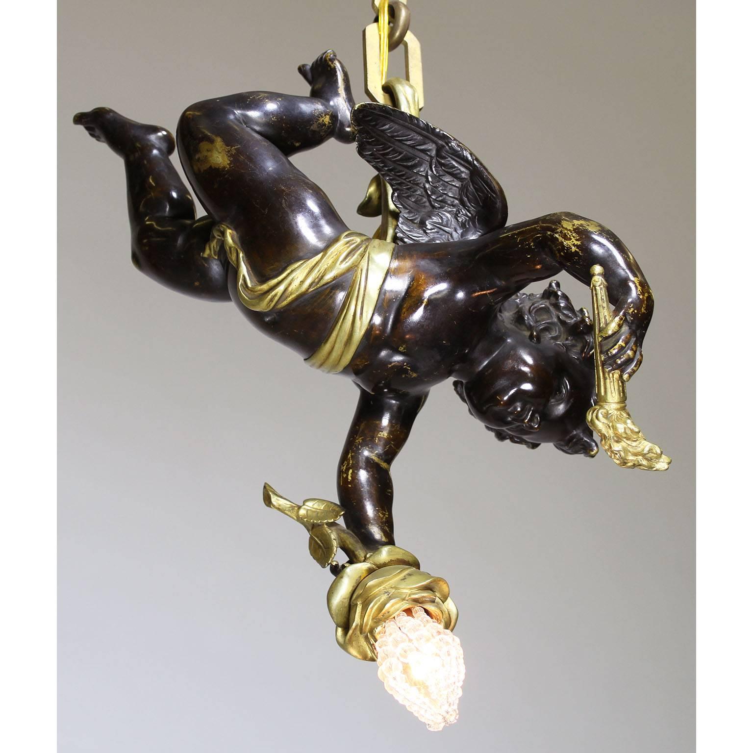 Early 20th Century French 19th-20th Century Belle Époque Patinated & Gilt Bronze Cherub Chandelier