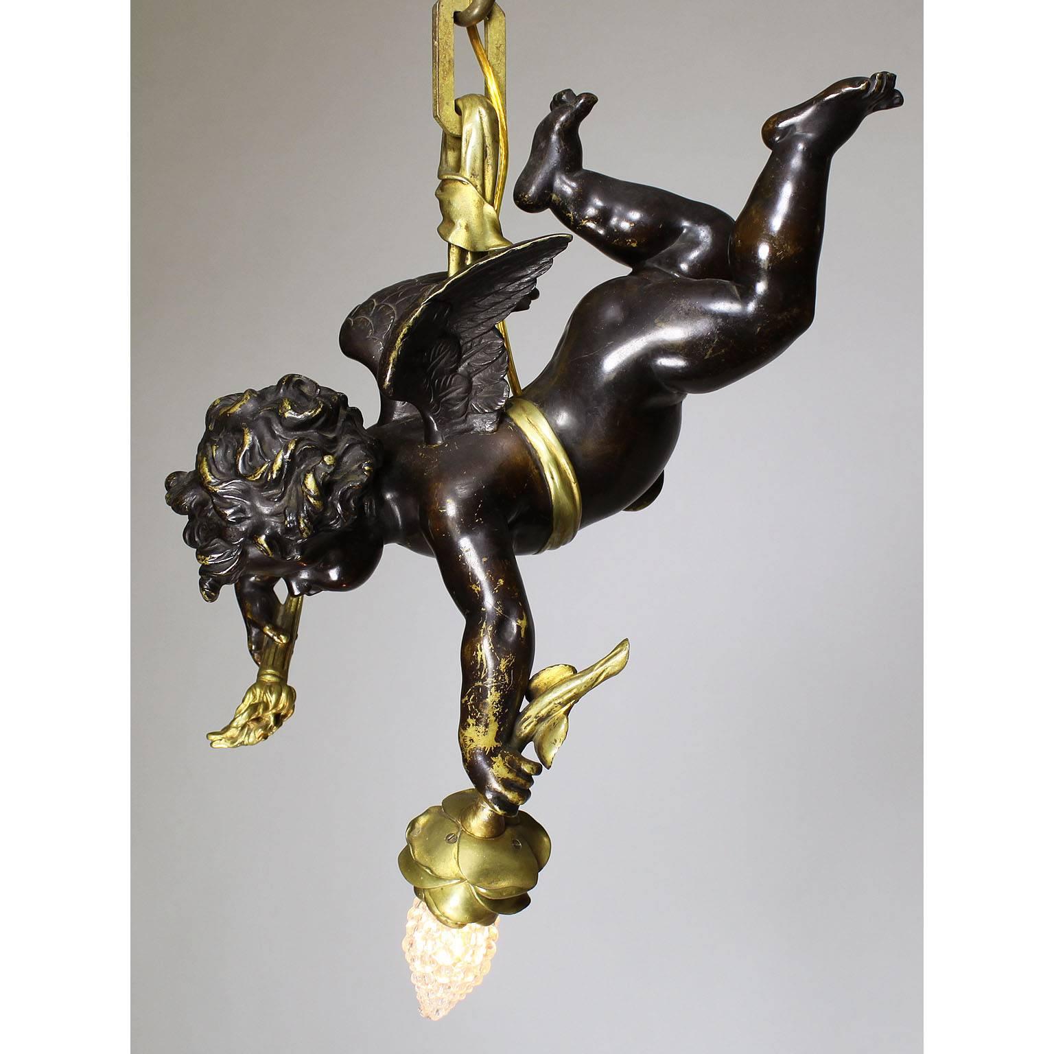 French 19th-20th Century Belle Époque Patinated & Gilt Bronze Cherub Chandelier 1