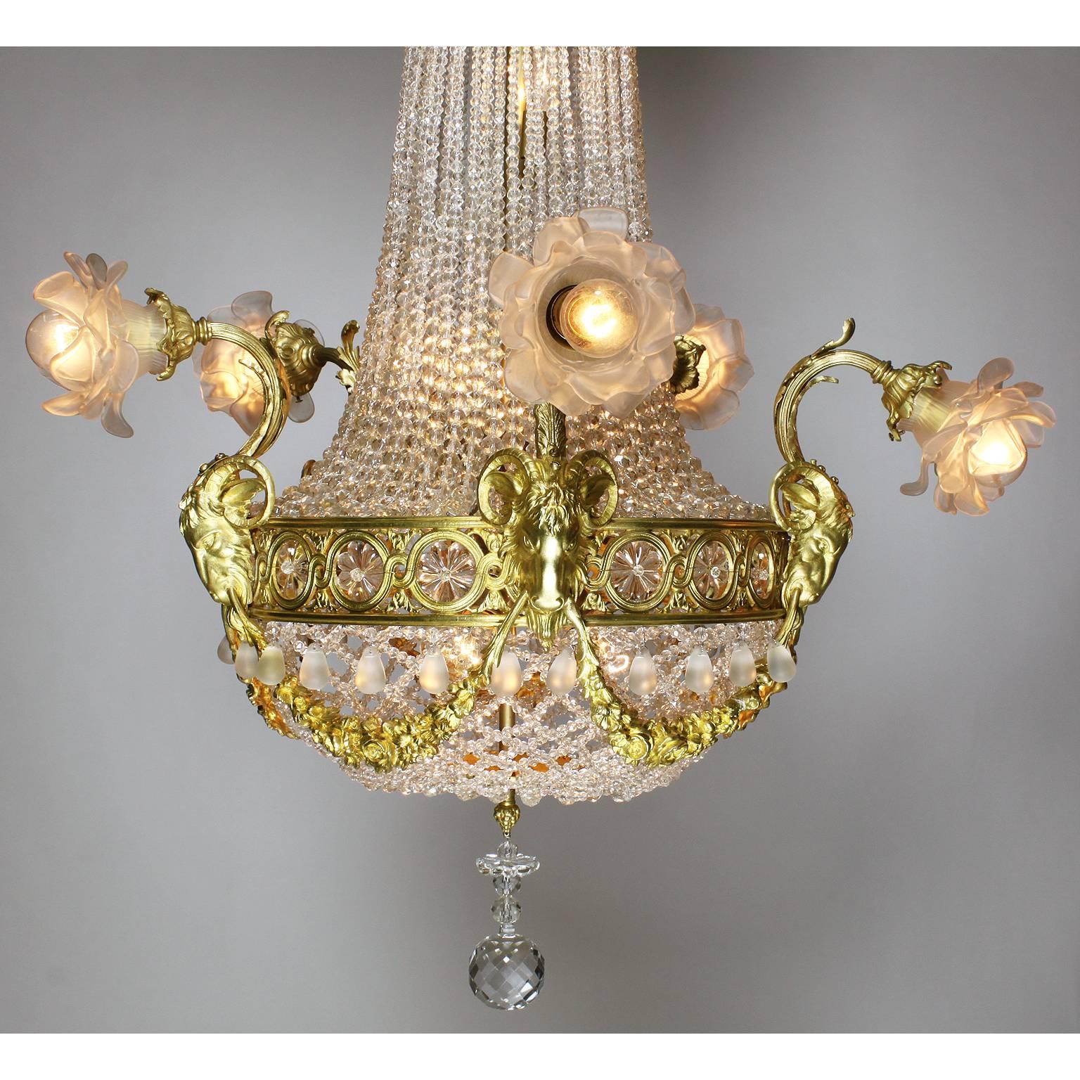 Carved French 19th-20th Century Louis XVI Style Gilt-Bronze and Beaded Glass Chandelier