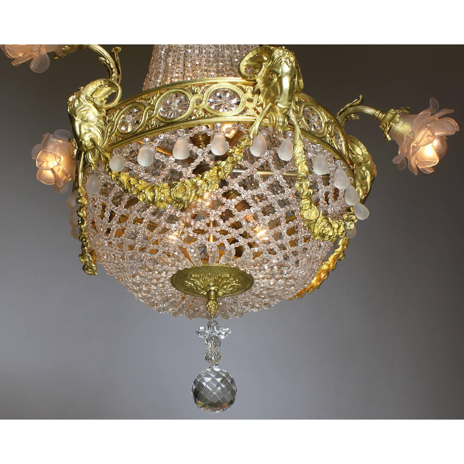 French 19th-20th Century Louis XVI Style Gilt-Bronze and Beaded Glass Chandelier In Excellent Condition In Los Angeles, CA