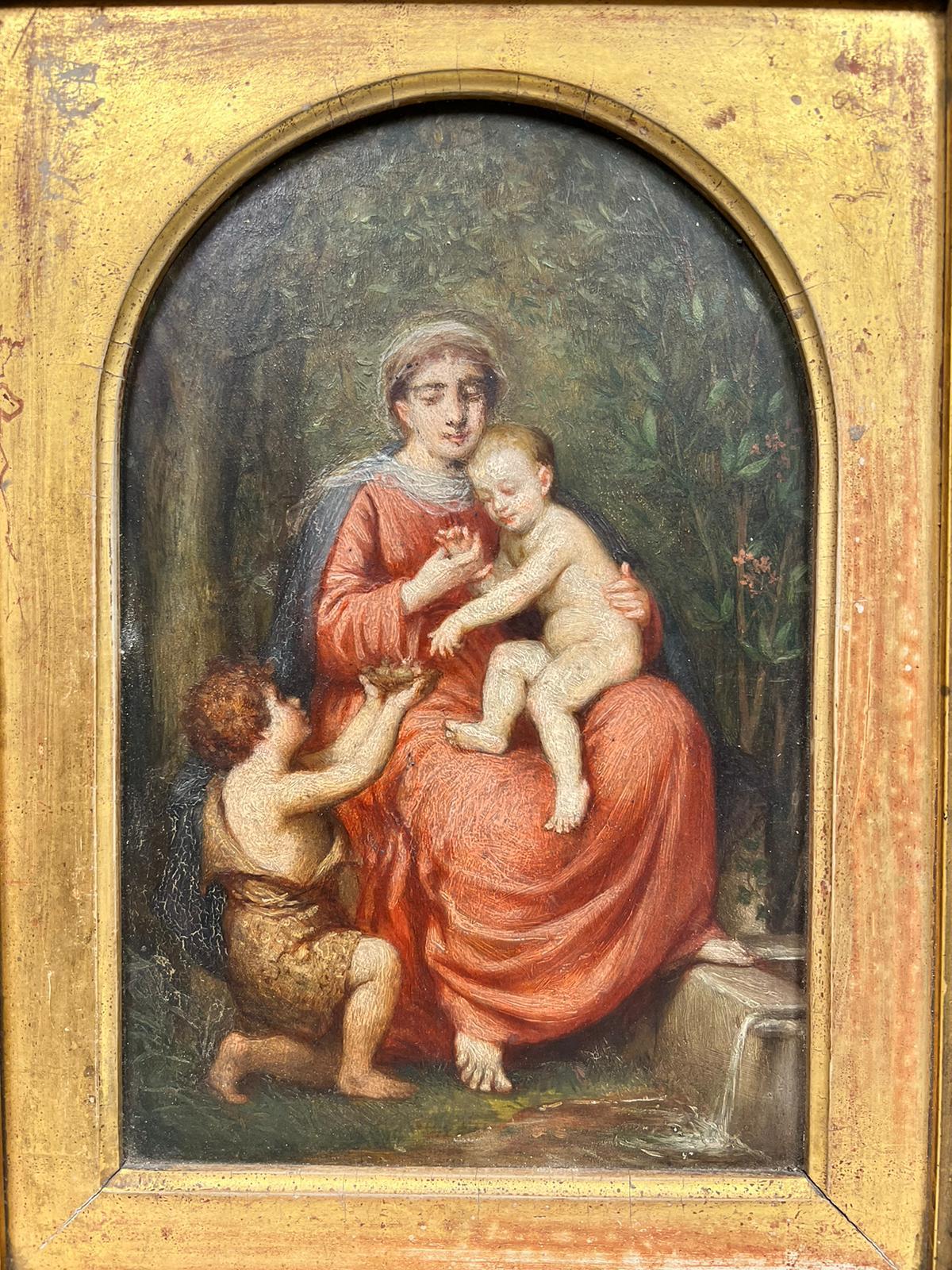 Beautiful Antique French Oil Madonna with Infant Christ & St. John the Baptist - Painting by French 19thC