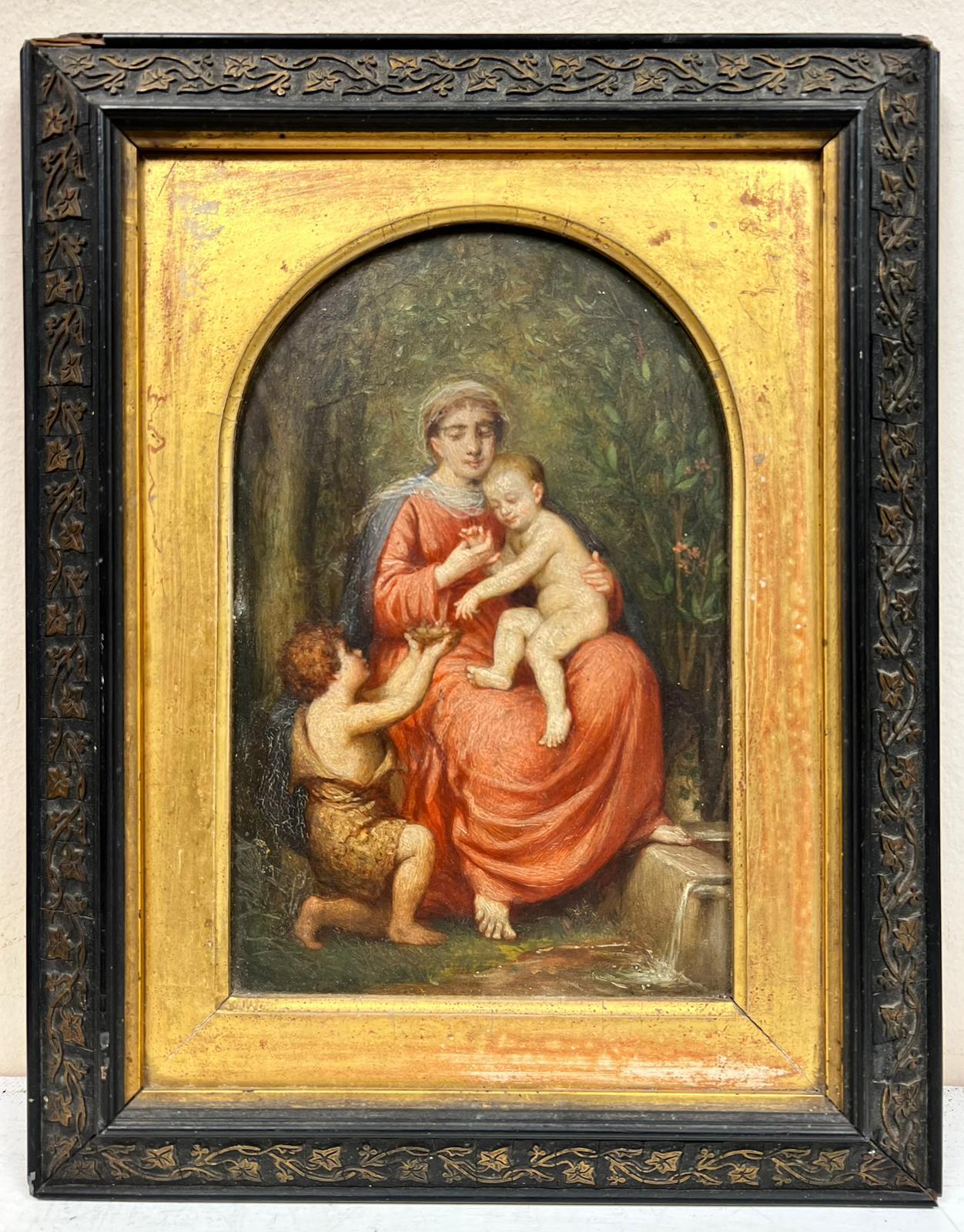 French 19thC Portrait Painting - Beautiful Antique French Oil Madonna with Infant Christ & St. John the Baptist