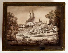 French 19thc Paper Covered Box Diorama of Strasbourg Cathedral Under a Glass Top
