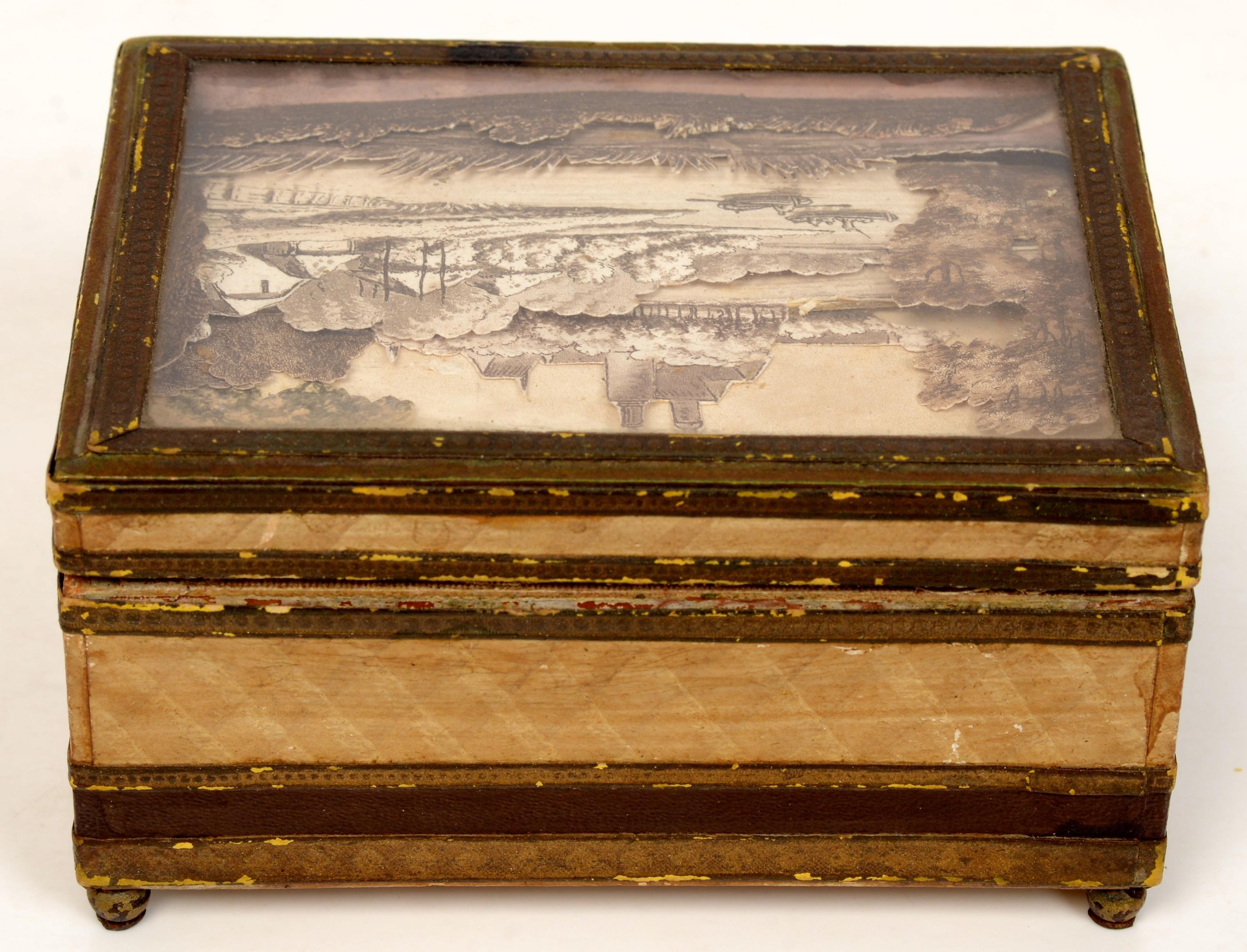 Mid-19th Century French 19thc Paper Covered Box Diorama of Strasbourg Cathedral Under a Glass Top For Sale