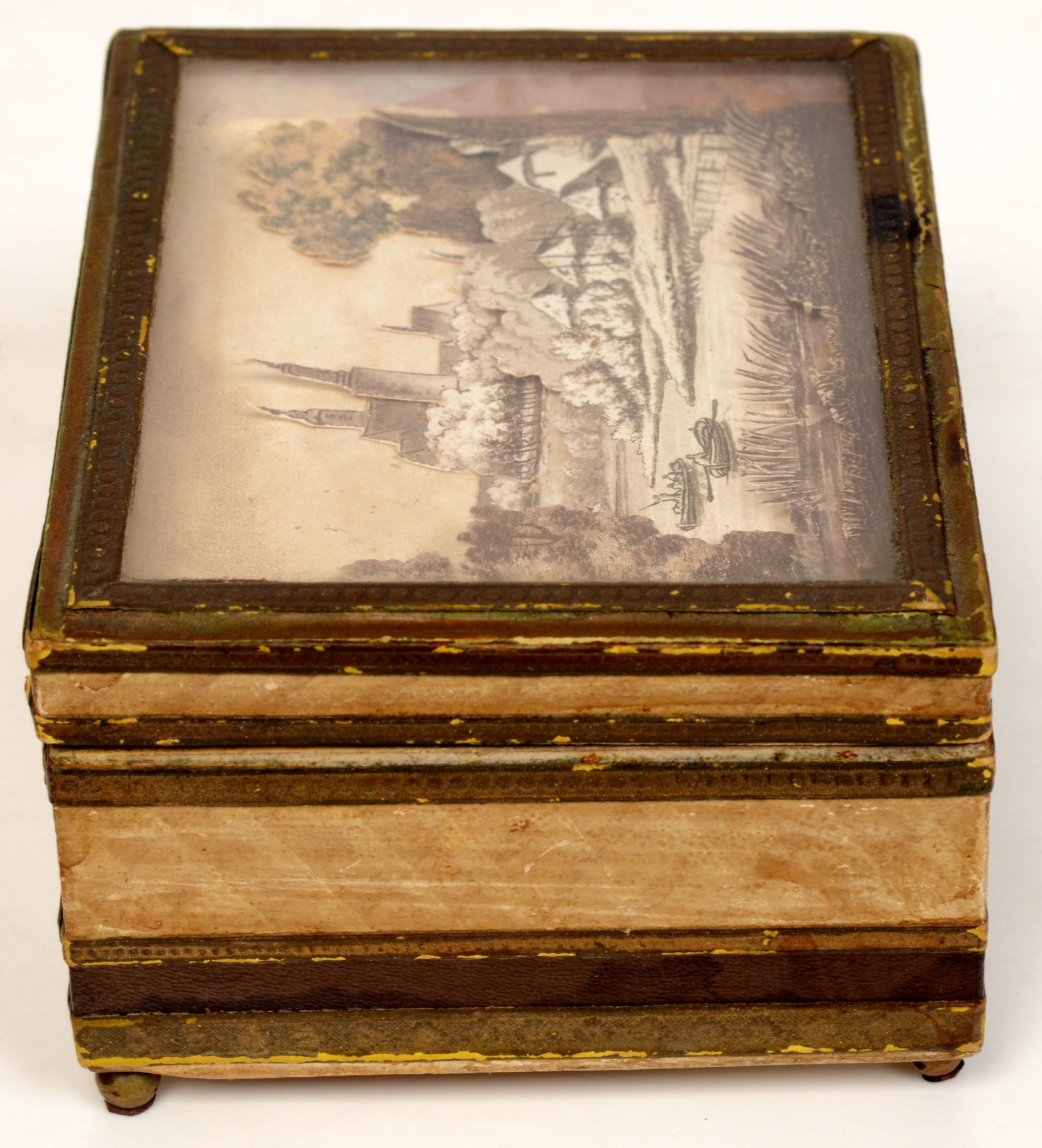 French 19thc Paper Covered Box Diorama of Strasbourg Cathedral Under a Glass Top For Sale 1