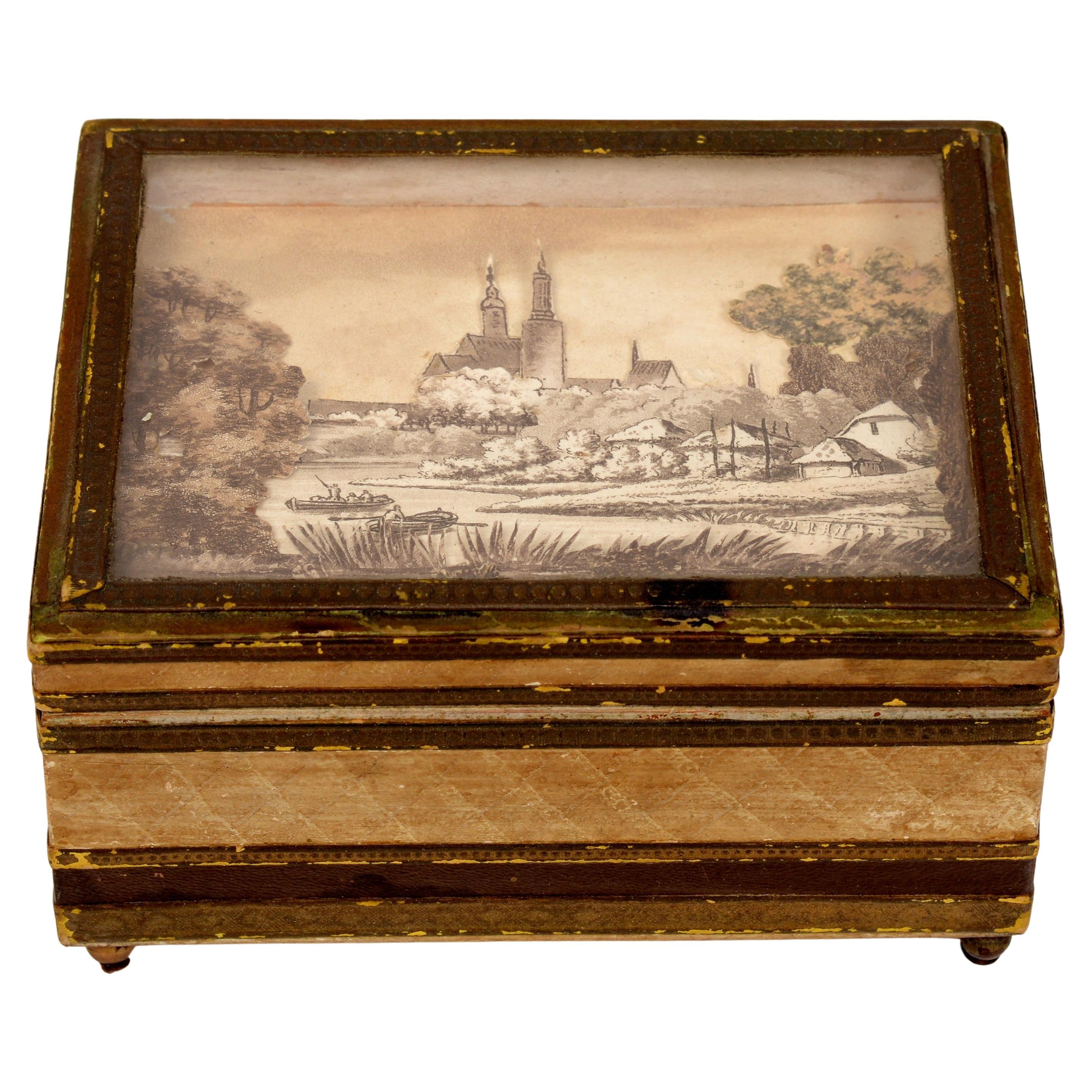 French 19thc Paper Covered Box Diorama of Strasbourg Cathedral Under a Glass Top