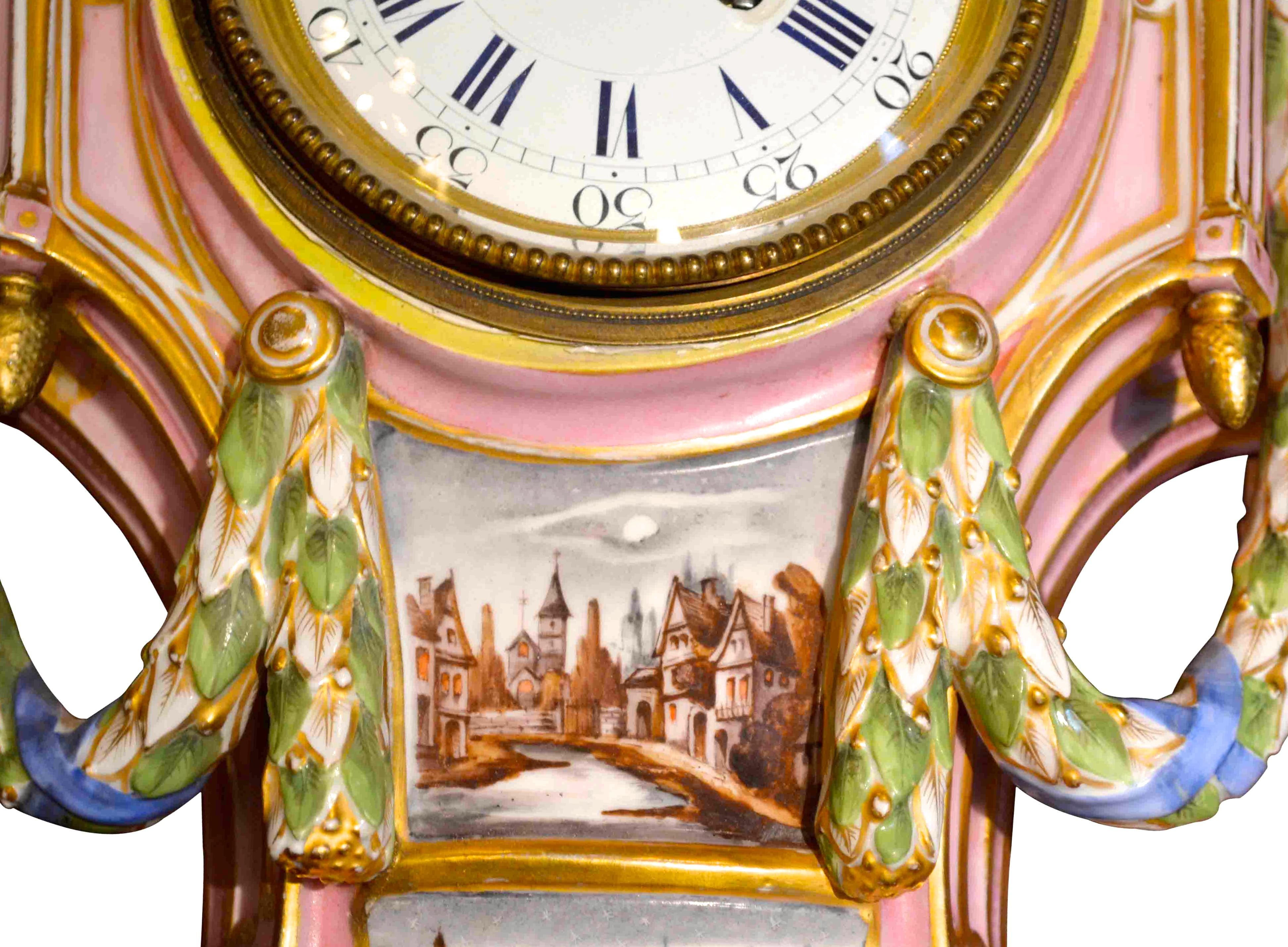Painted French Late 19 Century Pink Porcelain Cartel Clock Attributed to Samson and Cie For Sale