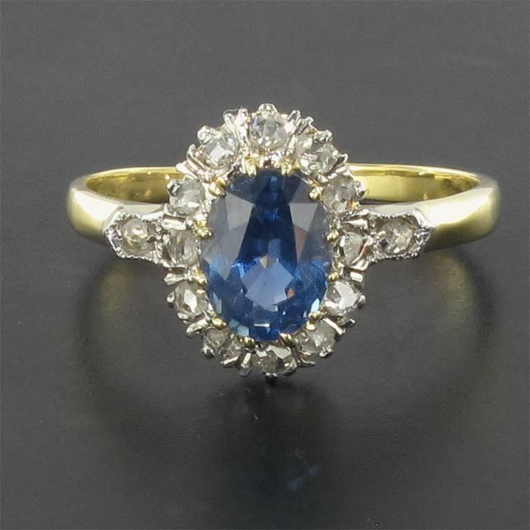 French 19thCentury Napoleon 3 Sapphire Diamond Pompadour Engagement Cluster Ring In New Condition In Poitiers, FR