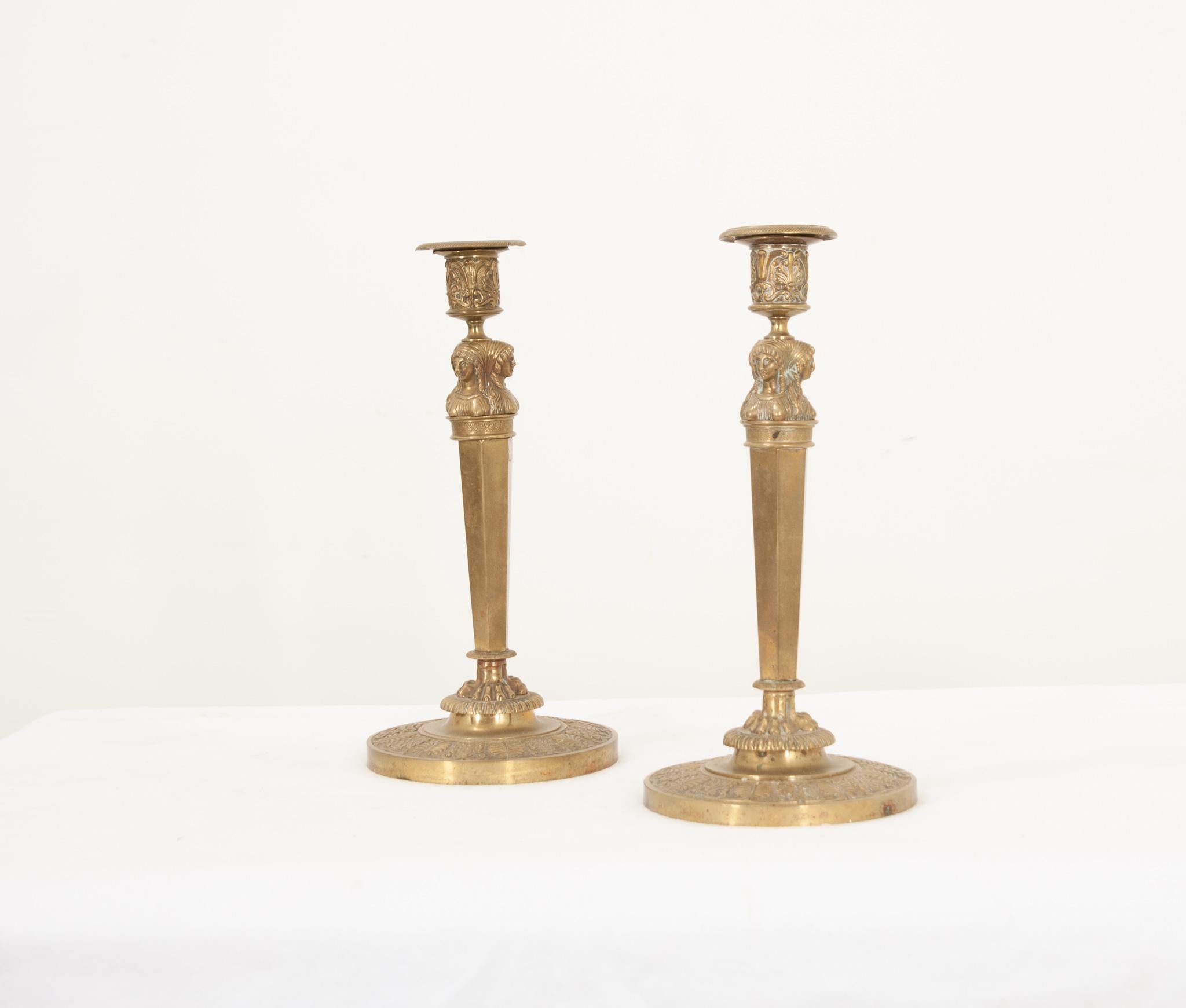 Cast French 1st Empire Brass Candlesticks For Sale