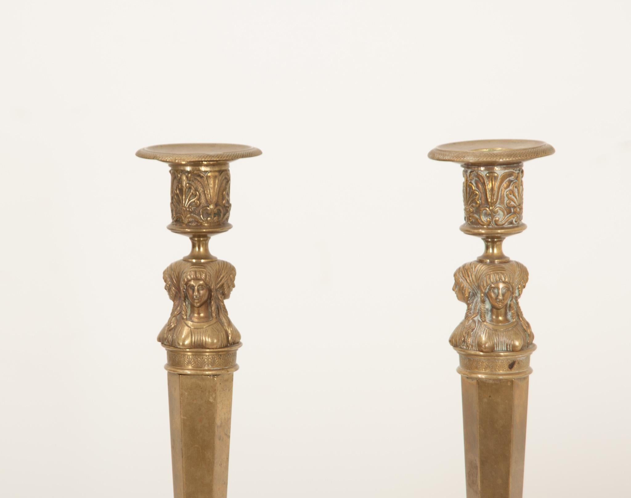 French 1st Empire Brass Candlesticks In Good Condition For Sale In Baton Rouge, LA