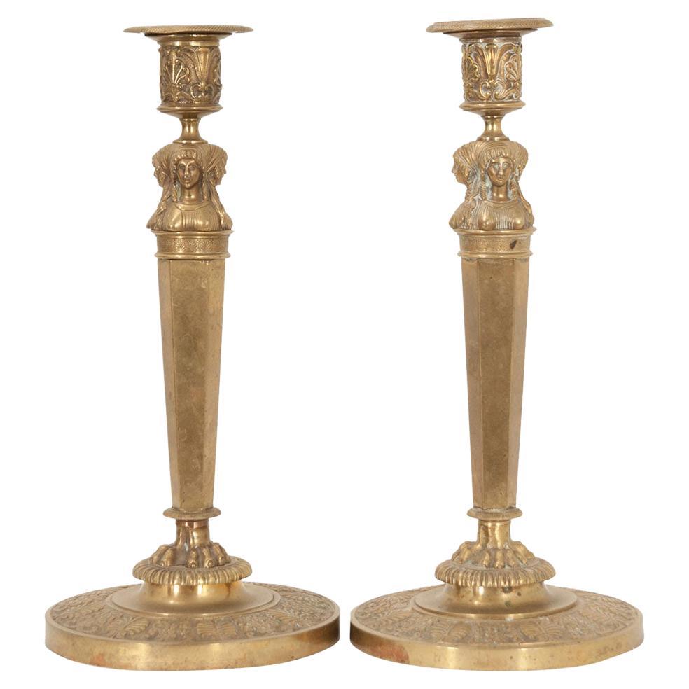 French 1st Empire Brass Candlesticks For Sale