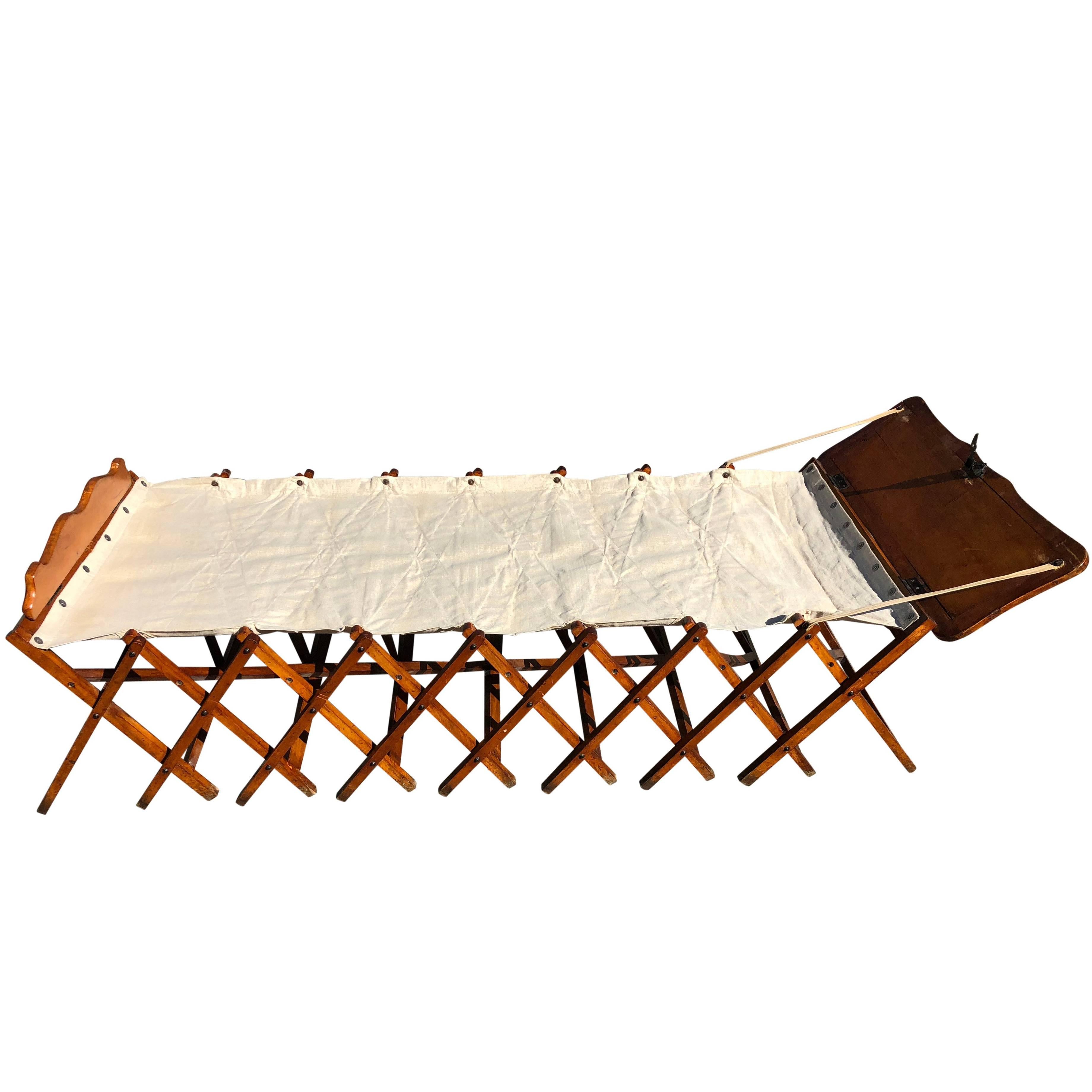 French First World War Officer's Collapsible Bed/Cot and Upholstered Bench, 1914 For Sale