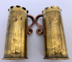 French First World War Trench Art, Two Brass Shells Engraved Names of a Couple