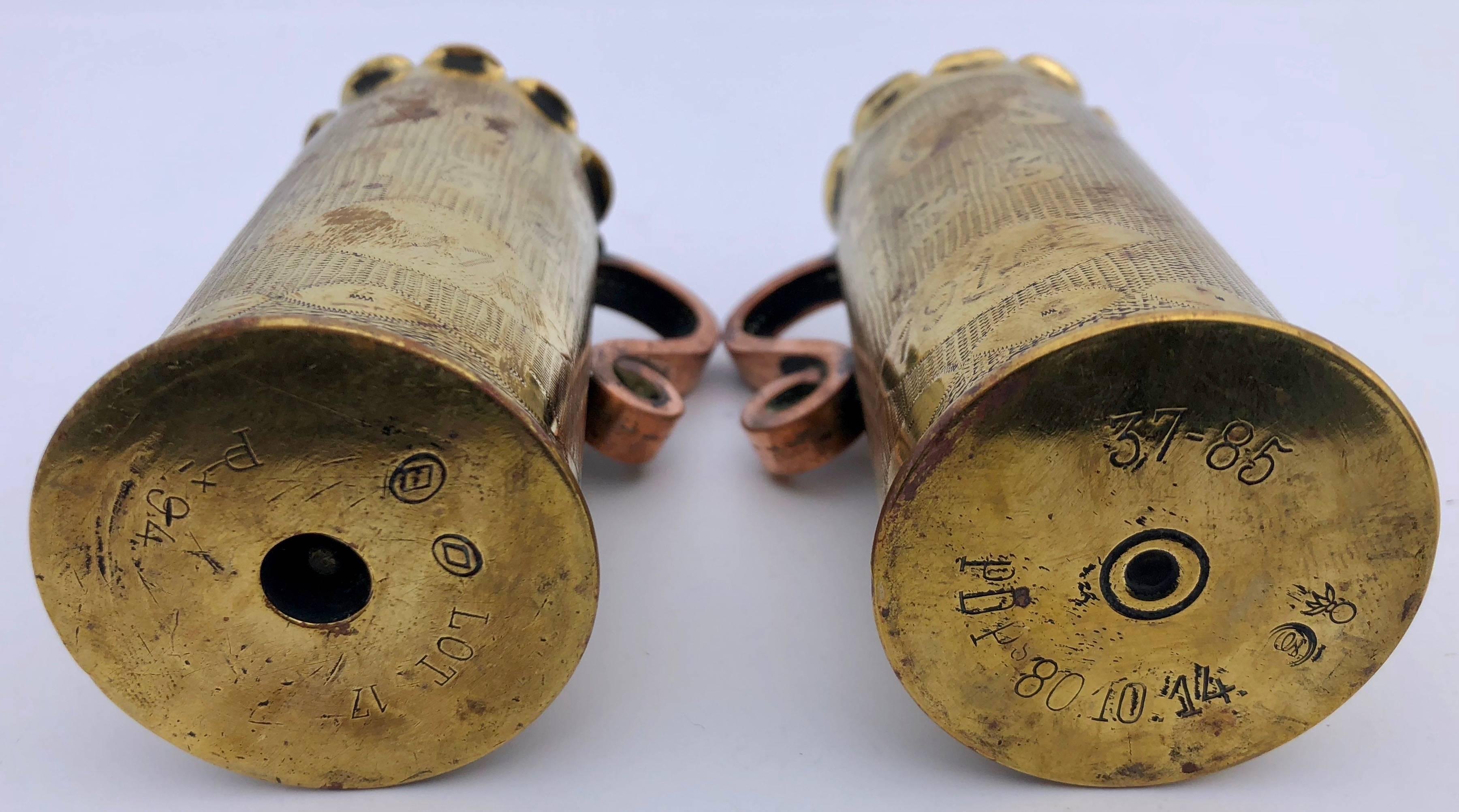 Art Deco French First World War Trench Art, Two Brass Shells Engraved Names of a Couple For Sale