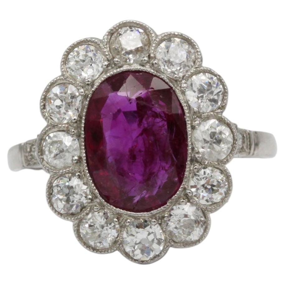French 2 Carat Unheated Burmese Ruby Diamond Ring in Platinum