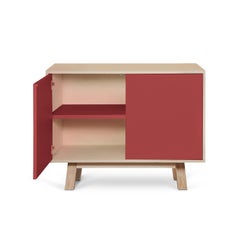 French 2-door red low wooden cabinet, designed in Paris by Eric Gizard