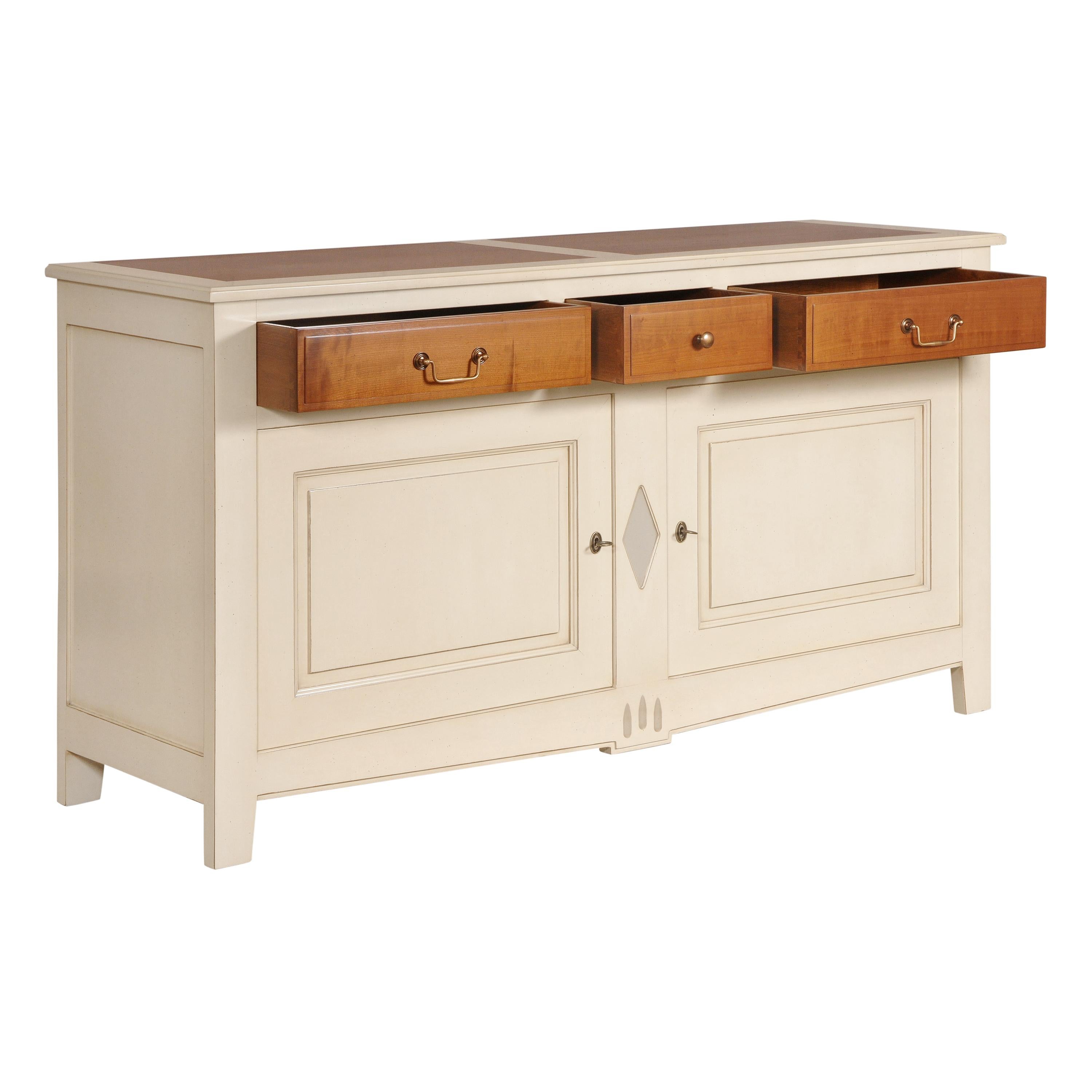 European French 2 Doors Classical White-Cream Lacquered Sideboard in Solid Cherry For Sale