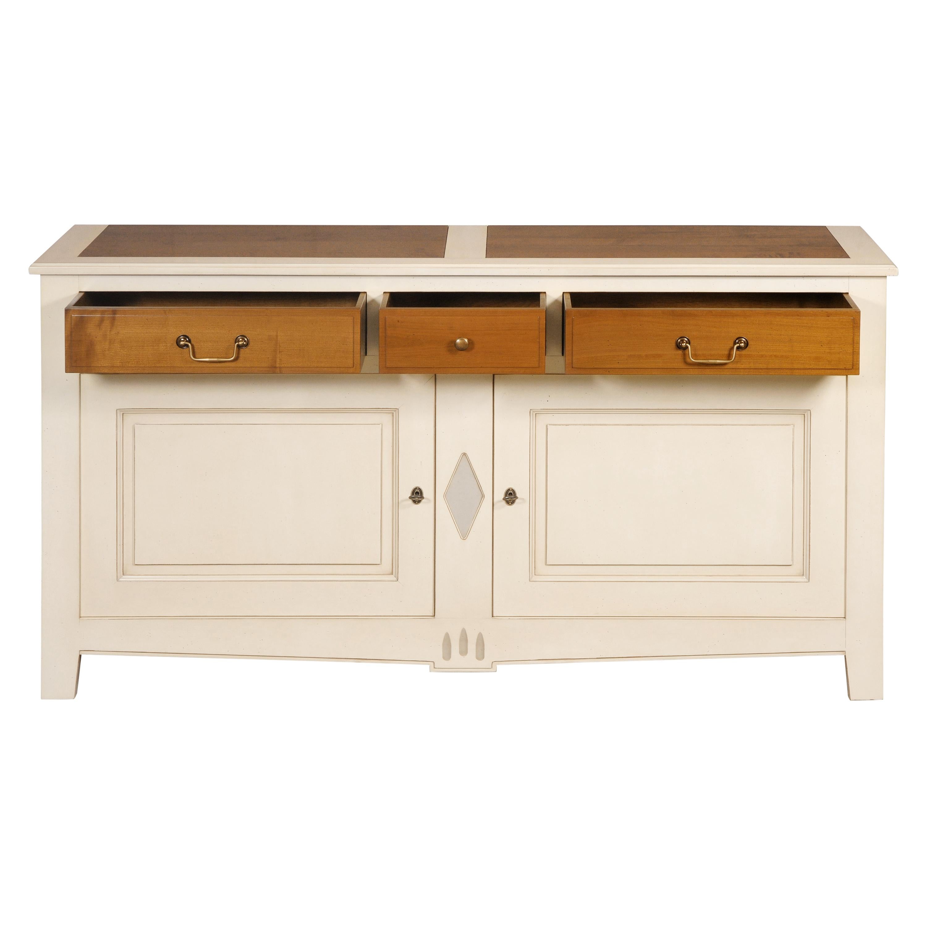 French 2 Doors Classical White-Cream Lacquered Sideboard in Solid Cherry In New Condition For Sale In Landivy, FR