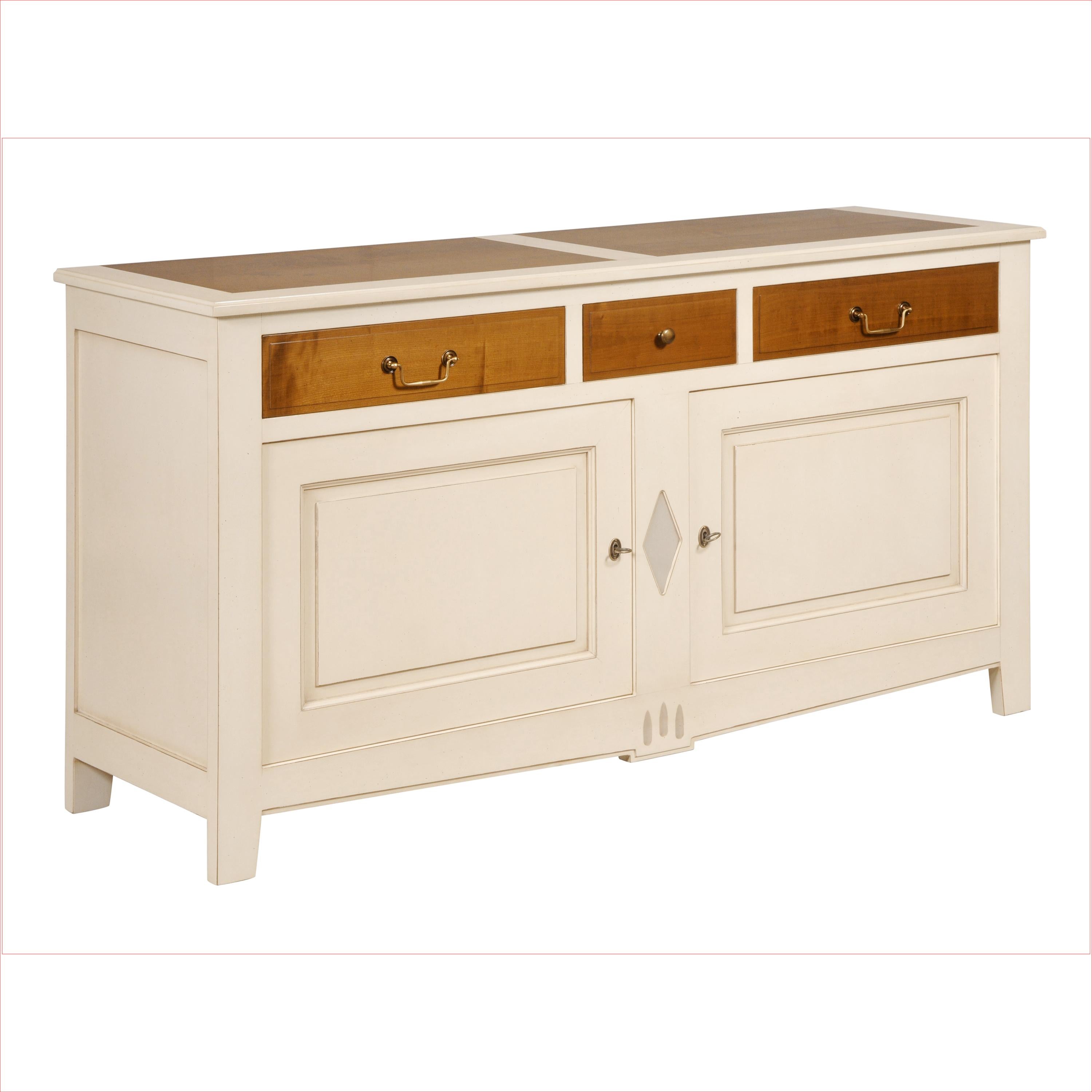 Contemporary French 2 Doors Classical White-Cream Lacquered Sideboard in Solid Cherry For Sale