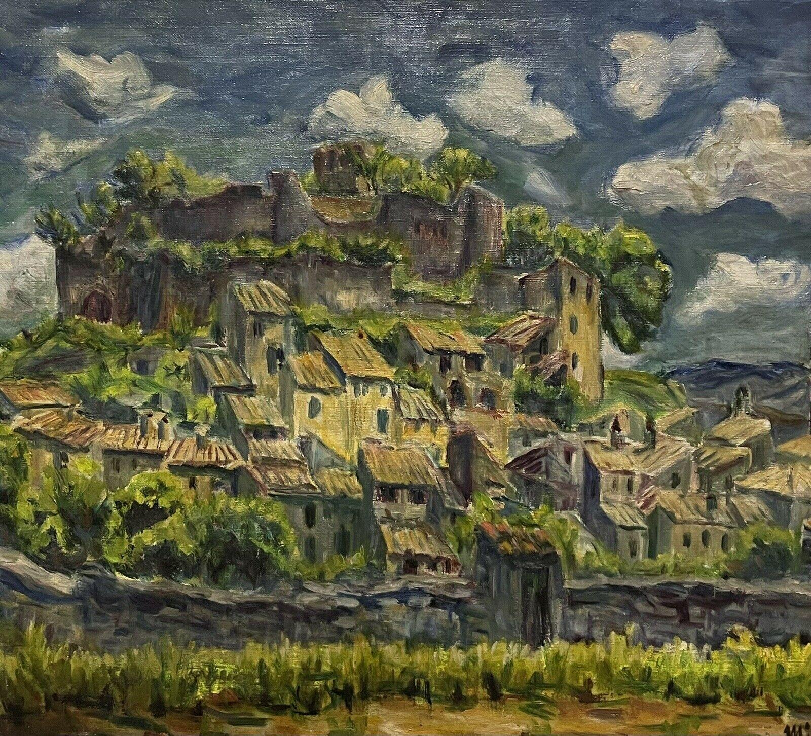 Castellar Provence Large Impressionist Vintage Oil Painting Hilltop Village - Gray Landscape Painting by French