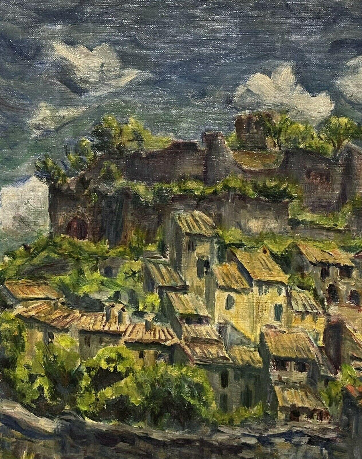 Artist/ School: French School, signed, mid 20th century

Title: Castellar (Provence), fully titled verso with details of the chateau depicted. 

Medium: signed oil painting on canvas, framed and inscribed verso.

framed: 22 x 26.25 inches
canvas: 