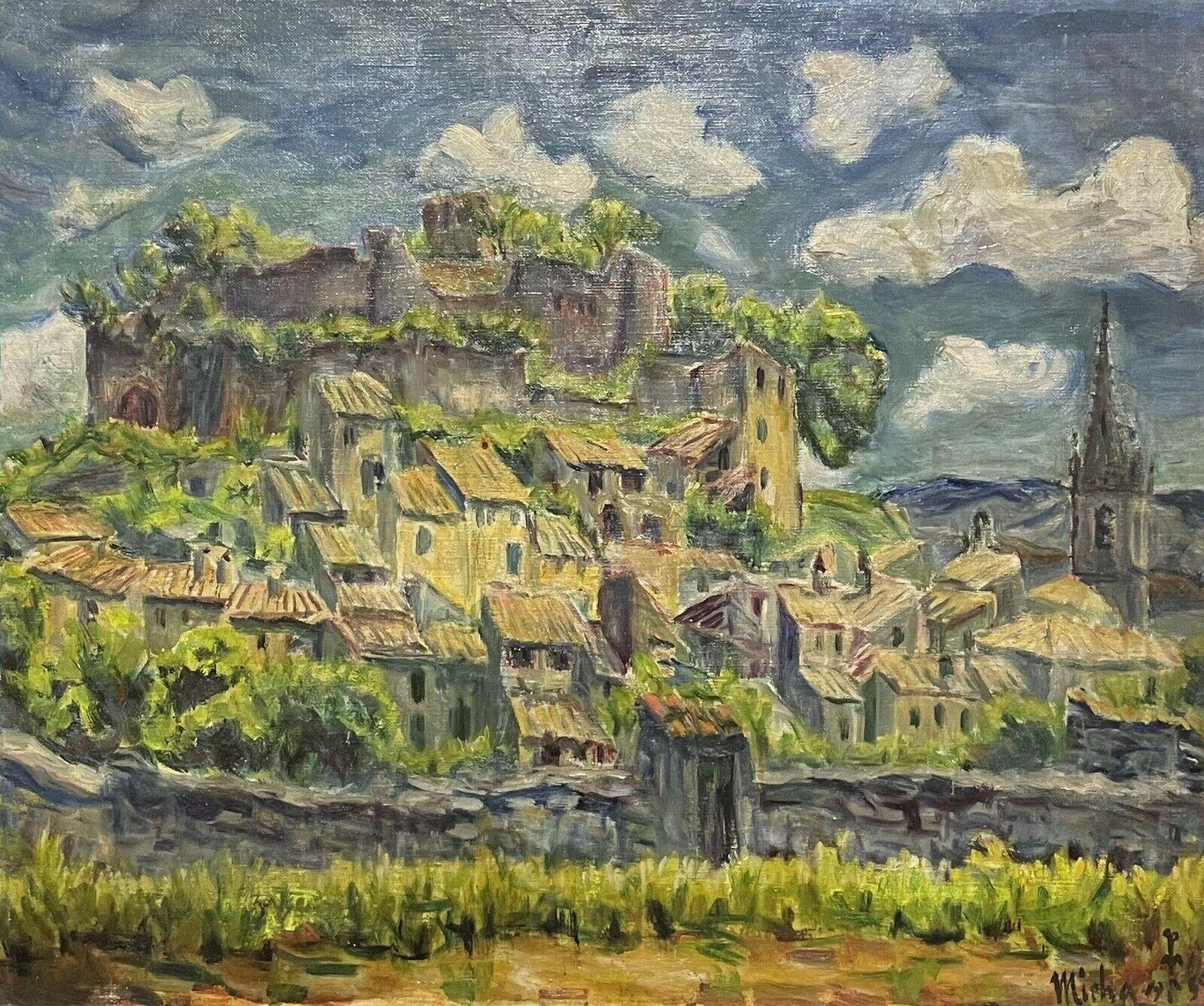 French Landscape Painting - Castellar Provence Large Impressionist Vintage Oil Painting Hilltop Village