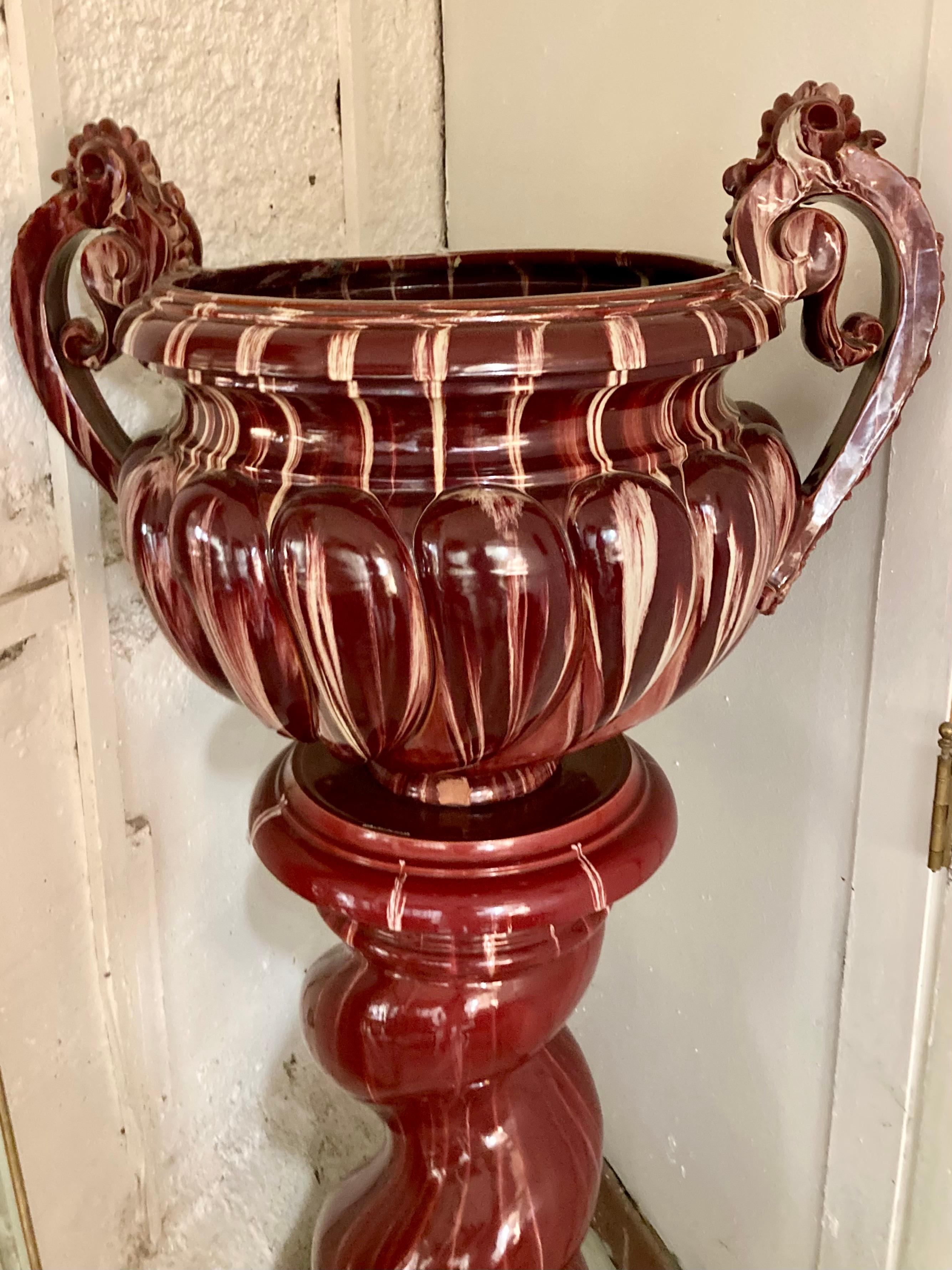 Jerome Massier French 2-Piece Glazed Burgundy Terra Cotta Urn on a Pedestal In Good Condition For Sale In Los Angeles, CA