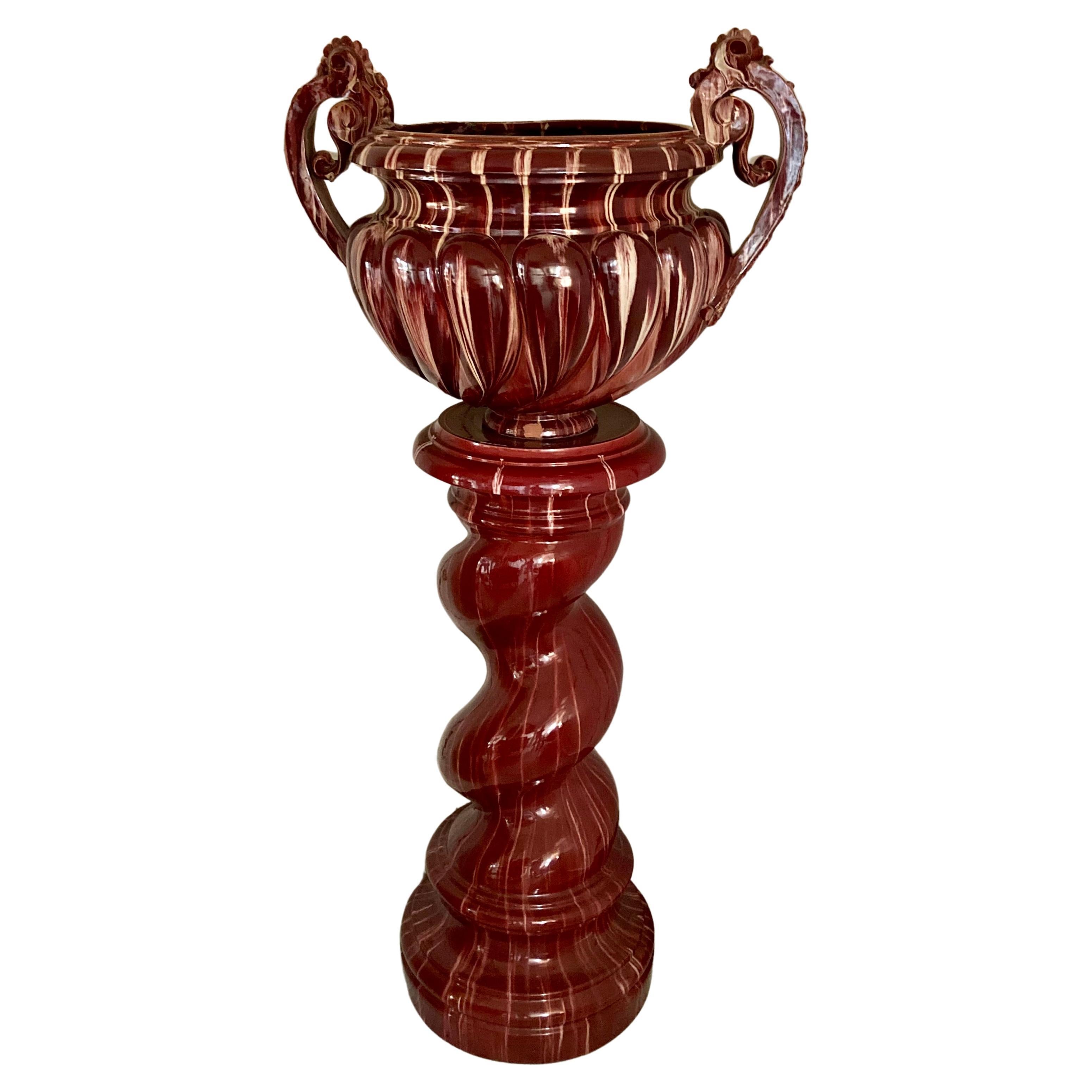 Jerome Massier French 2-Piece Glazed Burgundy Terra Cotta Urn on a Pedestal For Sale