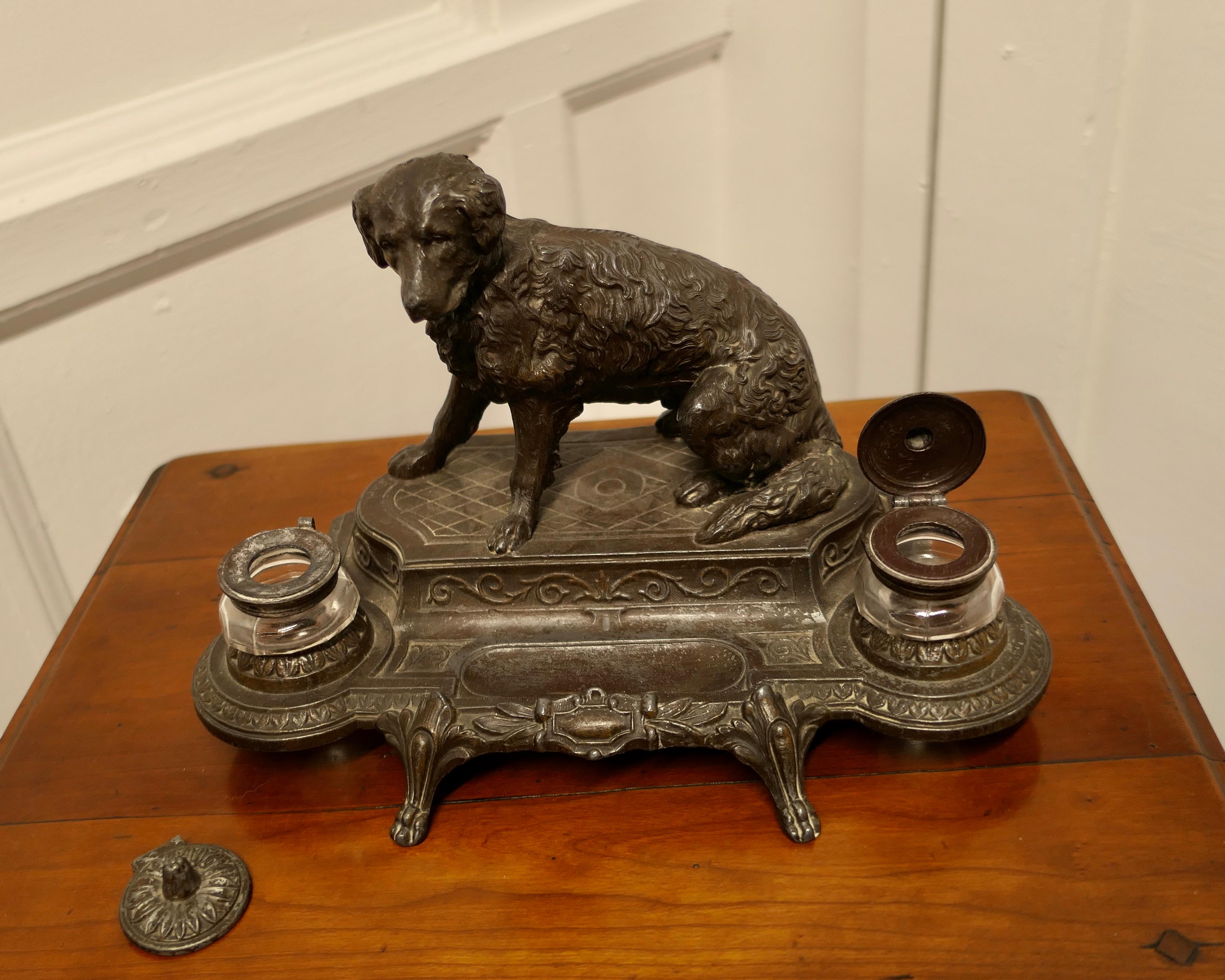 Country French 2 Pot Inkwell Stand with a Hunting Retriever Dog For Sale