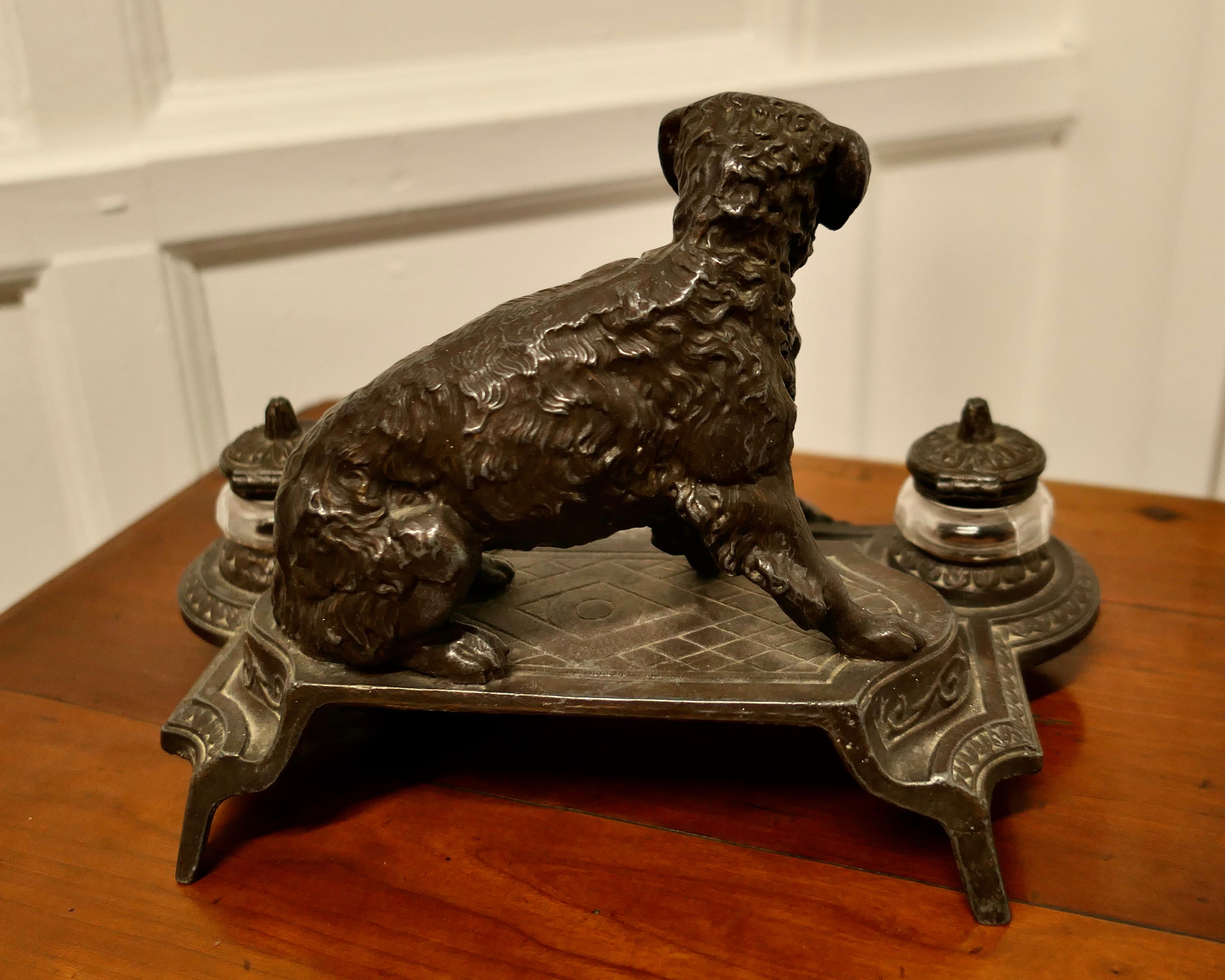 19th Century French 2 Pot Inkwell Stand with a Hunting Retriever Dog For Sale
