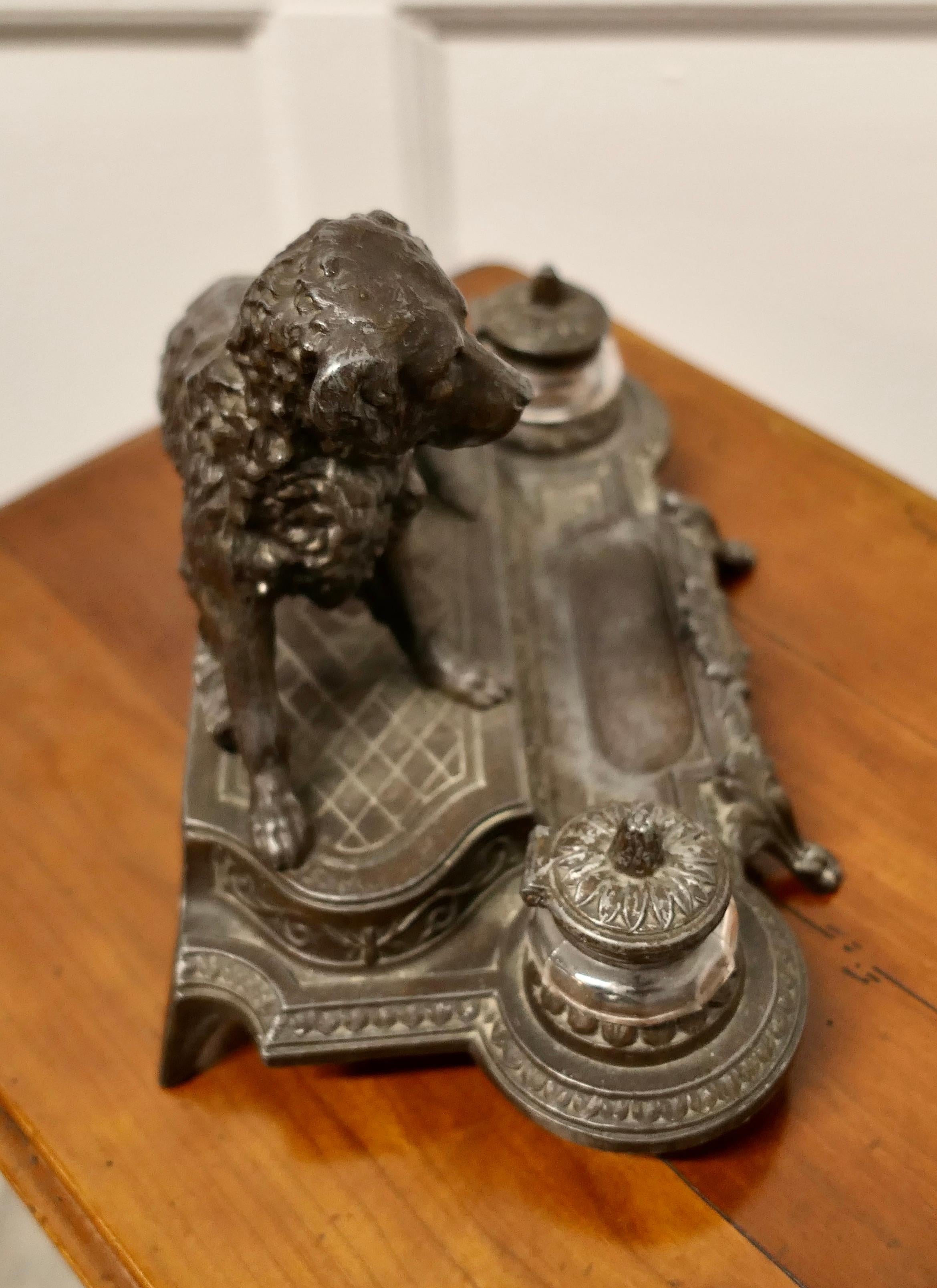 Spelter French 2 Pot Inkwell Stand with a Hunting Retriever Dog For Sale